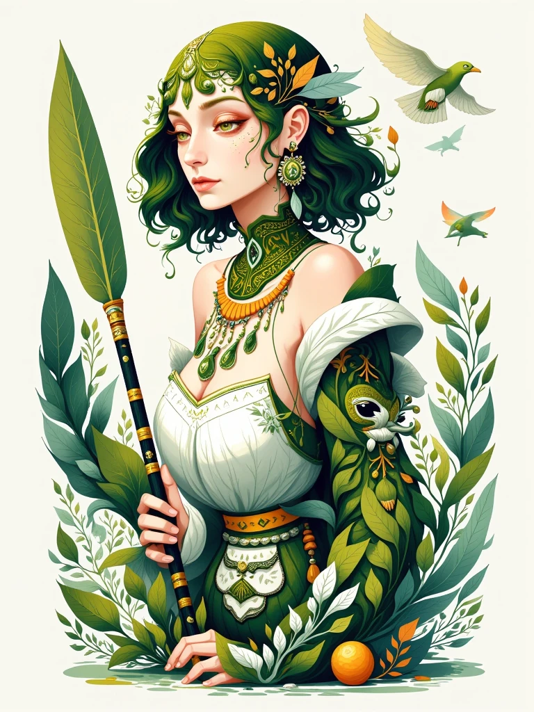 ((((Vector illustration))))，Create a stunning、Illustrated character images，The character is a combination of a bionic cyborg and a female tribal leader，It symbolizes the gap between ancient traditions and advanced technology。The character's face should be divided into two parts：The right half is made of polished metal parts，Visible mechanical parts and flashing LEDs，Reminiscent of an electronic circuit；The left half retains human skin，It has traditional patterns and war makeup。The right eye is an implanted bionic eye，Emits a bright pink light，The pupil is in the shape of a vertical slit；The left eye remains human，The gaze is deep and penetrating。The hair on the head is partially replaced by metal wires and fiber optic cables，Intertwined with naturally grown hair，And use natural feathers、Decorated with bionic feathers and bone beads。 The costume is a combination of traditional and futuristic materials：A leather sleeveless jacket with metal inserts and electronic panels，Fur epaulettes decorated with feathers and animal bones，A metal plate with built-in sensors and mechanical joints。A talisman with ancient rune carvings and a microchip around her neck，Leather and metal bracelets with LEDs and screens on her wrists。The female leader holds a spear made of a metal and wood alloy，The spearhead has a laser device。The background of the image should be a dense forest and mountains with mist，Combined with futuristic cities and flying vehicles，Highlighting the ancient The contrast between the old and modern worlds。The image needs to have the highest degree of photorealism and detail。
