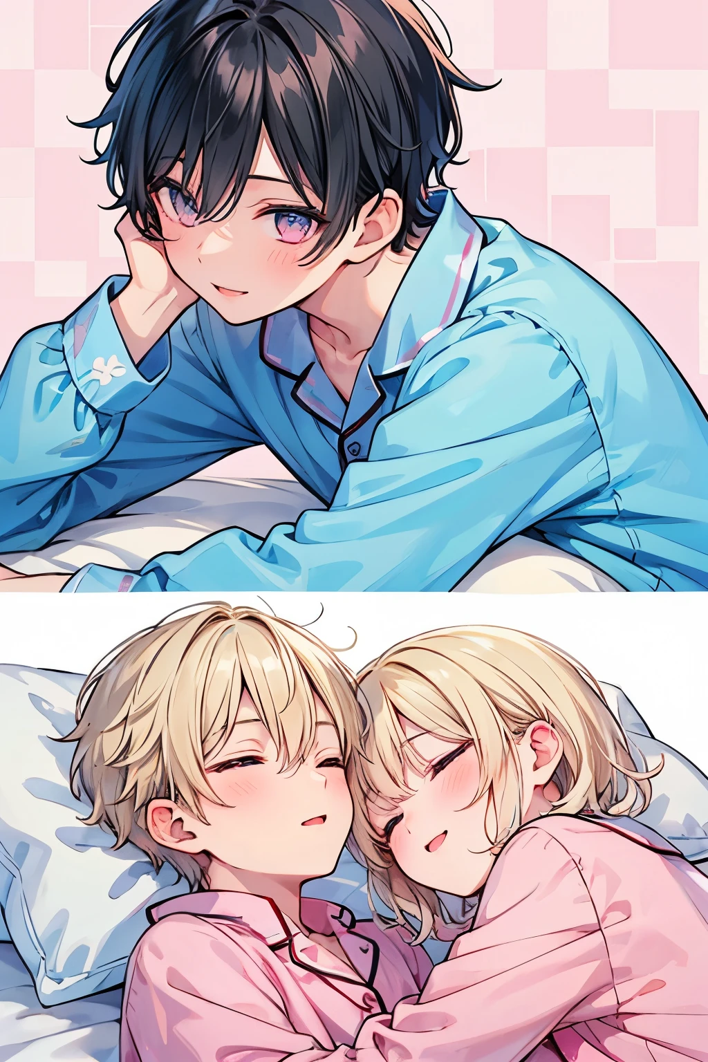 Blonde,  black hair, For Men,  Medium Hair ,blue eyes , pink eyes,Beautiful Boy, skinny,lips,2 boys, , Yaoi, Checkered background,((on bedding:0.8)), happy expression,おはよう☀️, sleeping pajamas , sleeping hair