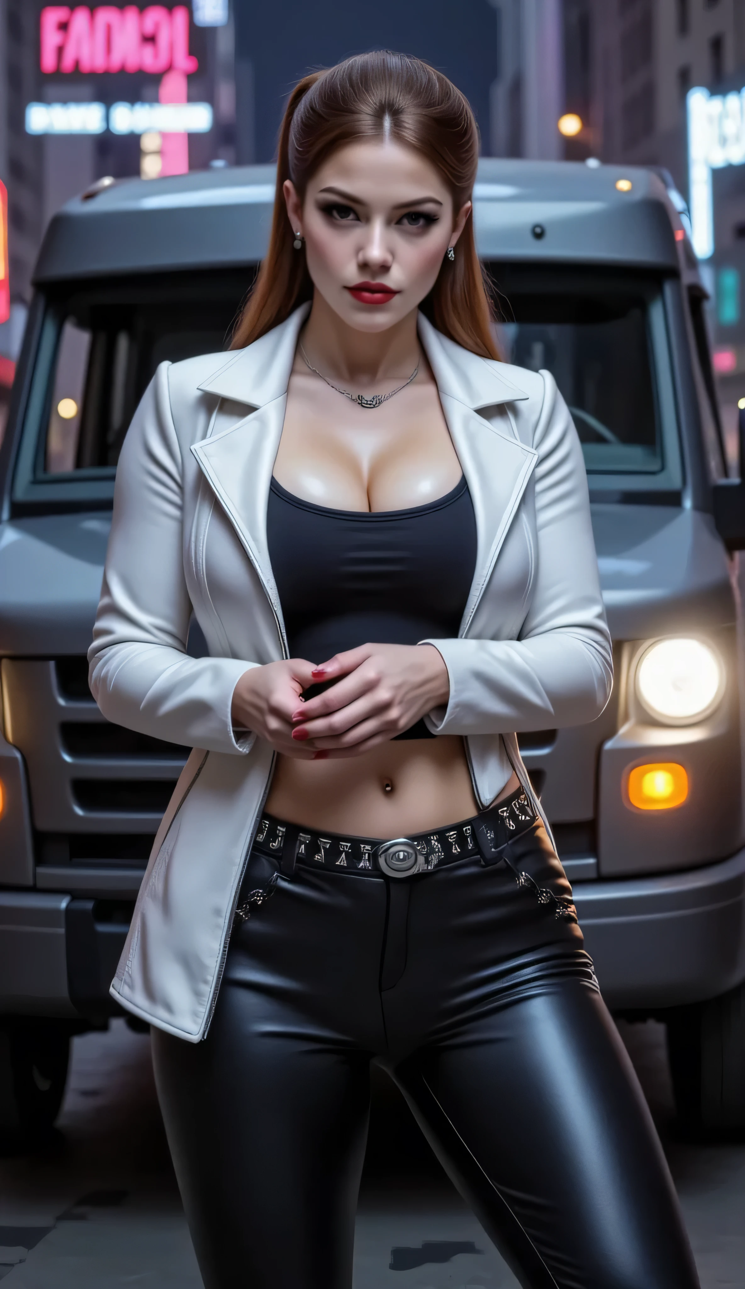 ((best quality, masterpiece, score_9, score_8_up, realistic photograph, life-like realism, hourglass figure, fluxbodybuilder)), beautiful 19 year old Russian girl, sultry female, brown hair short ponytail light brown highlights, windy, pale skin, (photo of a hardened female criminal, white leather jacket, unzipped, black t-shirt, black leather pants, black belt with chrome rivets and a spiked buckle, silver chain collar, abdominal muscles, oversized breasts, narrow hips, head tilted, (((((European girl, bright red lips, blackout eyeshadow goth)))))), arrogant, concentrating, she is holding a futuristic security case handcuffed to her wrist, she has the word "FIERCE" tattooed in black on her left breast, knobs, buttons, and sliders, standing next to a futuristic vehicle, steampunk cybernetic armored weaponized military matteblack van, futuristic neon cyperpunk signs, steampunk neon, smug look of superiority, night, dark, dim lighting, overexposed