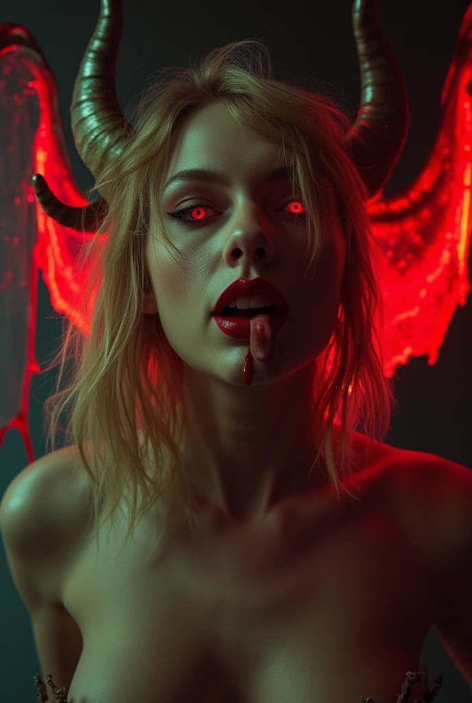 Sigourney weaver, 40 years old, ghostbusters, laying in bed seductively, shiny strapless red dress, bare shoulders, curly brown hair, seductive evil eyes, eyes glowing red, vicious grin, pointy dark demon horns on sides of head