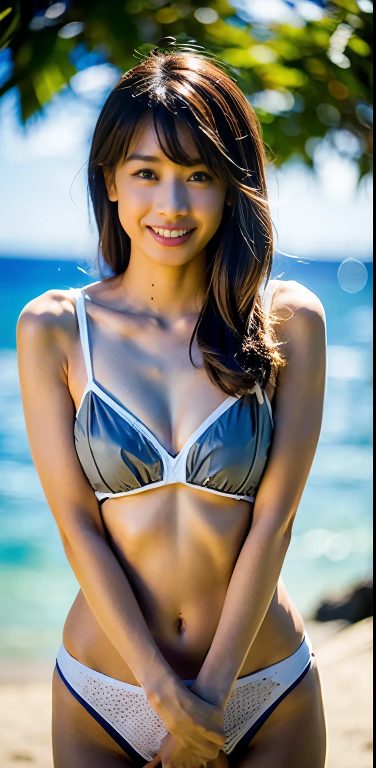(((perfect anatomia))),(((ulzzang-6500))),(((Bewitching pose for photographer on beach in Hawaii))),(((solo person))),(((White string bikini looks great))),8k、RAW、top-quality、超A high resolution、1girl、(((Hasselblad))),portlate、a closeup、short chestnut hair、Perfect litthing、bangss、is standing、(((Raise the corners of your mouth and smile)))、(((Beautiful white skin that has just come out of the sea is sparkling.))),((Glossy lip gloss lips))、look up sky、