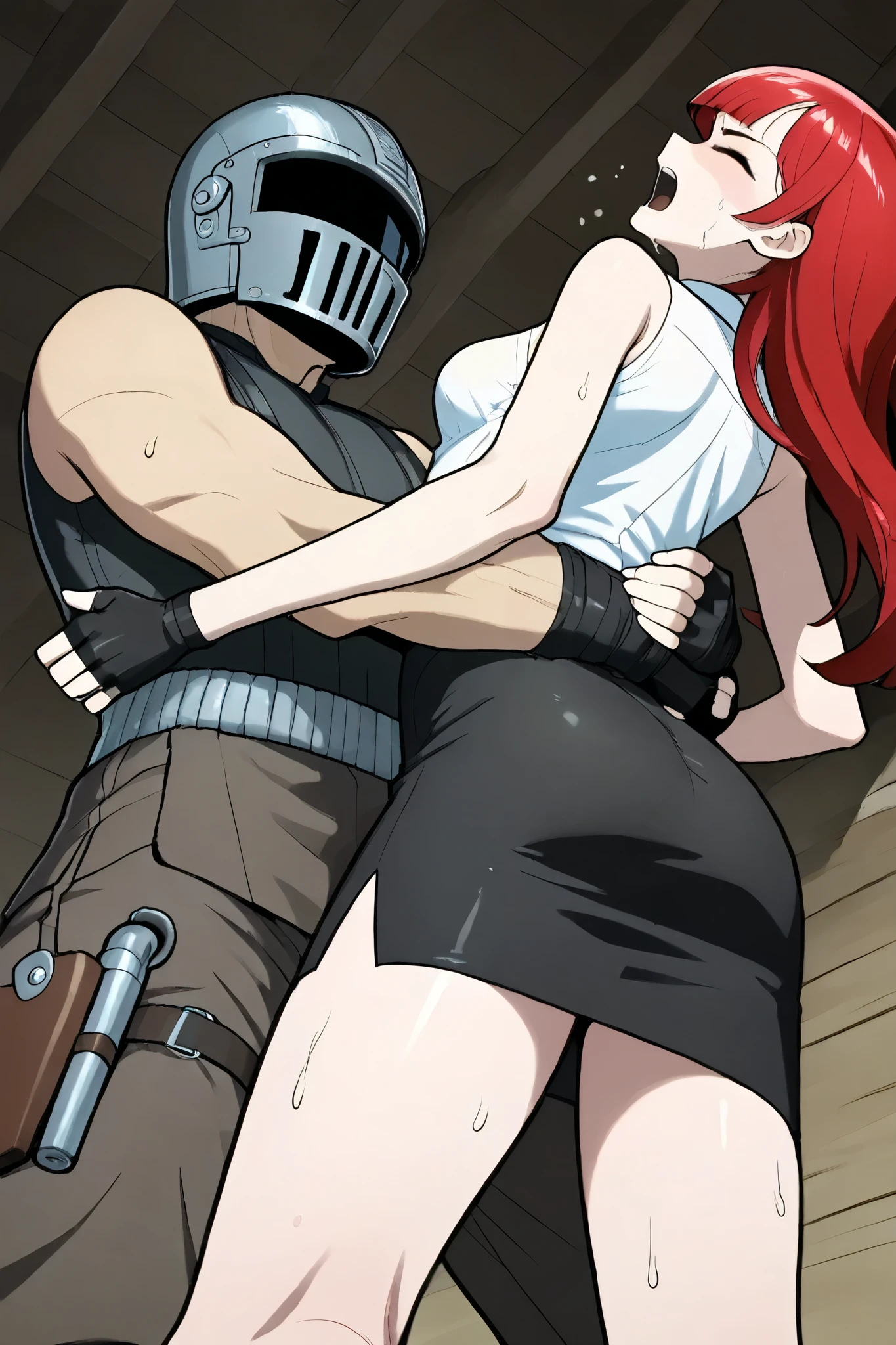   1girl   ,1boy  ,body lock、 perfect anatomy, Full Face Helmet Thug 、.low-angle view,side view ,blush、
Woman's arm at sides、 perfect anatomy、Put the man's arm around the woman's waist.((Men and women are facing each other))、
Woman closing her eyes、((Bend a woman's arm))、((Women pull their arms back))、Raise your face and pant in pain 、put on the woman's hand on the man's arm. Female Detective in a White Sleeveless Blouse and Black Pencil Skirt、holster、Mad Max style thug 、
、、lhata4564 、Female fighter vs masked male fight 、A woman gasping in pain、sweat,、hand,pain ,carry person,Woman raising her face and panting 、Masked Giant Man 、 fingerless gloves、Woman with long red hair、 Suffering and Blushing Woman、,stable_Yogis_Animetoon _Negatives
stable_Yogis_Animetoon _Negatives-neg