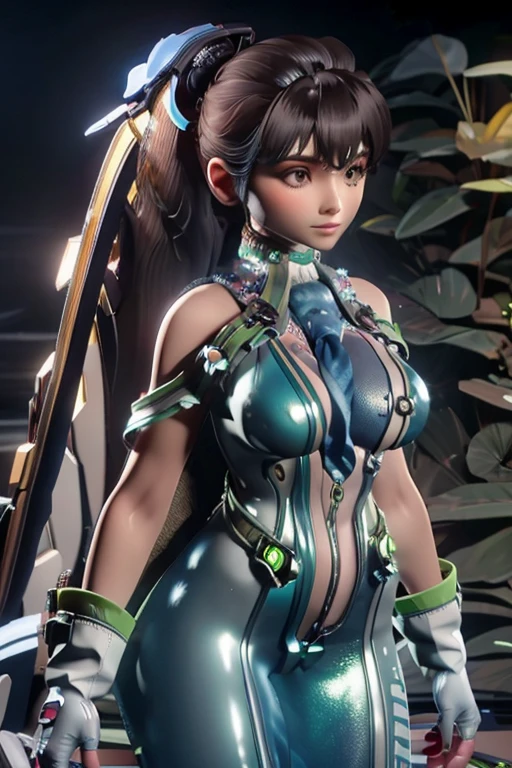 1girl, long hair, black hair, blue eyes, smirk smile, cyberhanfu, laying in bed, mechanical parts, cat ear, wolf ear, porcelain skin, tan skin, orange clad, orange armor, orange body suit, white gloves, white headset, wolf tail, open thigh, open navel, revealing breast, huge breast, (masterpiece:1.5), (intricate detail:1.5), (cinematic:1.5), inside a machinery contraption, glass vials, messy room, cables, wires, machinery walls, giant magnet, standing in laboratory, back view, (extreme wide view:1.5)