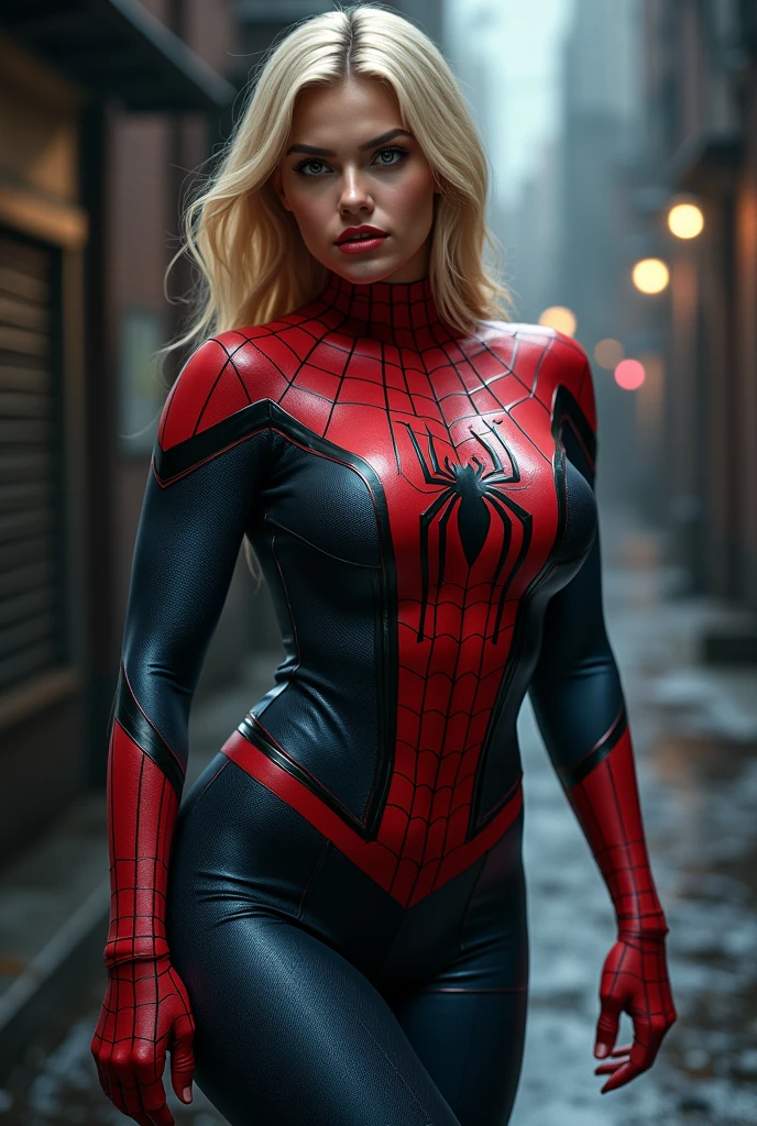 (((Masterpiece))), photo realistic, extremely alive picture, vivid details, 1 sexy transgender woman wearing skin tight spider-man costume, blonde hair, she is standing in the night streets of new york in action pose, Cock bump, costume is made out of futuristic nanofiber and is very realistic, She is absolutely gorgeous, (face focus), she has strong body and flat chest, her cock is bulging in her skin tight costume, extreme detailed picture, vivid colors, extremely realistic skin texture