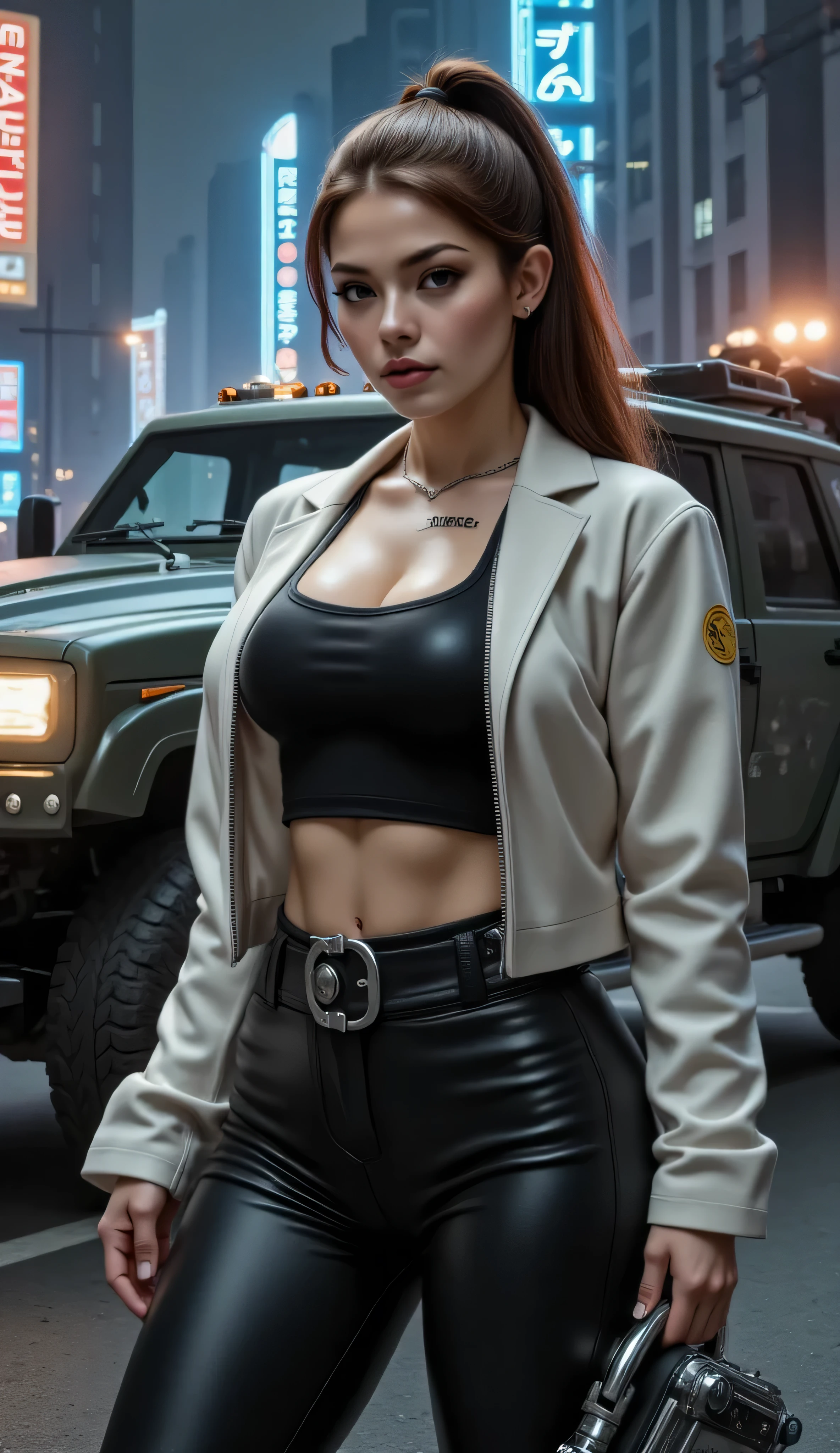 ((best quality, masterpiece, score_9, score_8_up, realistic photograph, life-like realism, hourglass figure, fluxbodybuilder)), beautiful 19 year old Russian girl, sultry female, brown hair short ponytail light brown highlights, windy, pale skin, (photo of a hardened female criminal, white leather jacket, unzipped, black t-shirt, black leather jodhpurs, black belt with chrome rivets and a spiked buckle, silver chain collar, abdominal muscles, oversized breasts, narrow hips, head tilted, (((((European girl, bright red lips, blackout eyeshadow goth)))))), arrogant, concentrating, she is holding a futuristic security case handcuffed to her wrist, she has the word "FIERCE" tattooed in black on her left breast, knobs, buttons, and sliders, standing next to a futuristic vehicle, steampunk cybernetic armored weaponized military matteblack van, futuristic neon cyperpunk signs, steampunk neon, smug look of superiority, night, dark, dim lighting, overexposed