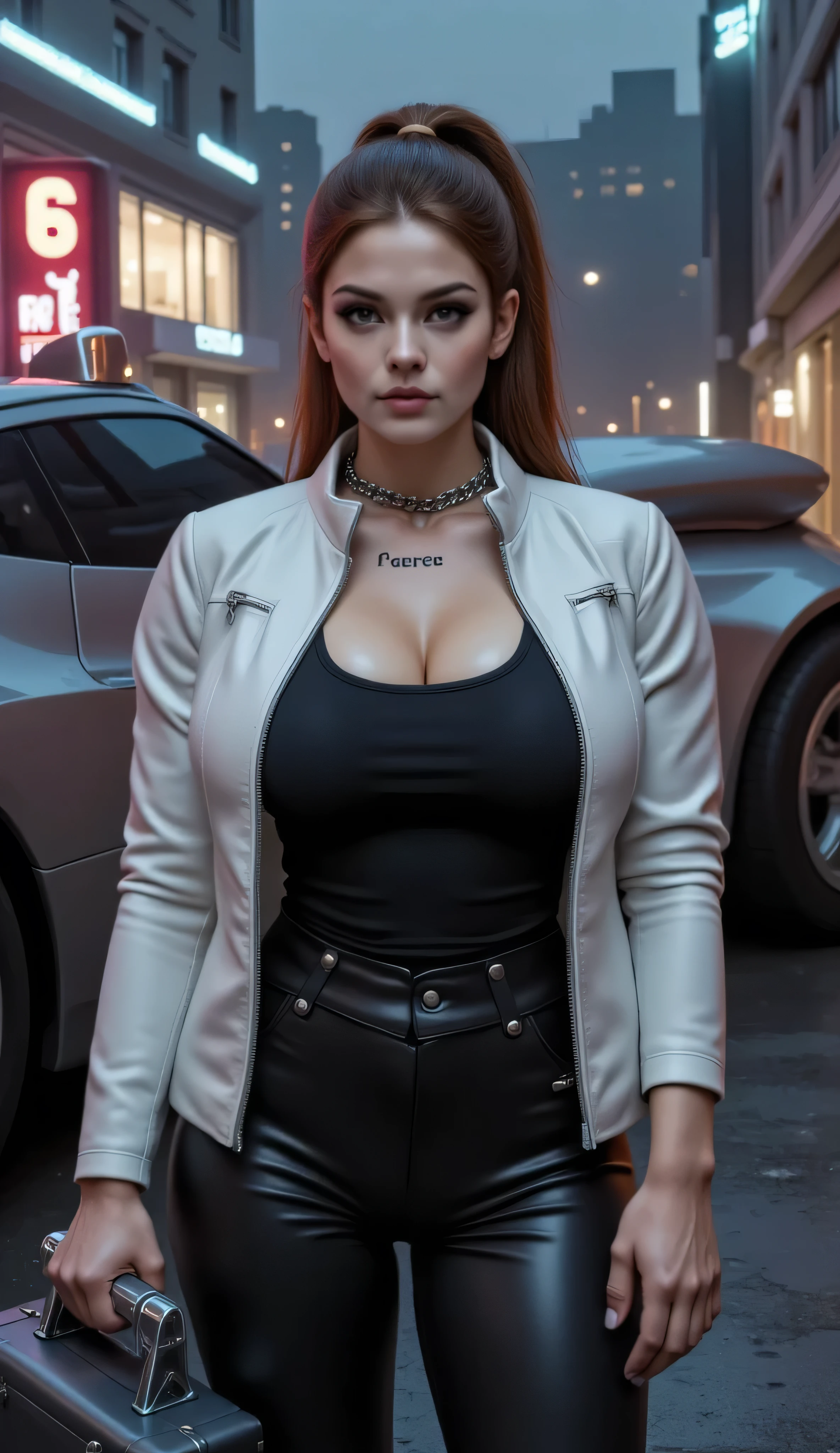 ((best quality, masterpiece, score_9, score_8_up, realistic photograph, life-like realism, hourglass figure, fluxbodybuilder)), beautiful 19 year old Russian girl, sultry female, brown hair short ponytail light brown highlights, windy, pale skin, (photo of a hardened female criminal, white leather jacket, unzipped, black t-shirt, black leather jodhpurs, black belt with chrome rivets and a spiked buckle, silver chain collar, abdominal muscles, oversized breasts, narrow hips, head tilted, (((((European girl, bright red lips, blackout eyeshadow goth)))))), arrogant, concentrating, she is holding a futuristic security case handcuffed to her wrist, she has the word "FIERCE" tattooed in black on her left breast, knobs, buttons, and sliders, standing next to a futuristic vehicle, steampunk cybernetic armored weaponized military matteblack van, futuristic neon cyperpunk signs, steampunk neon, smug look of superiority, night, dark, dim lighting, overexposed