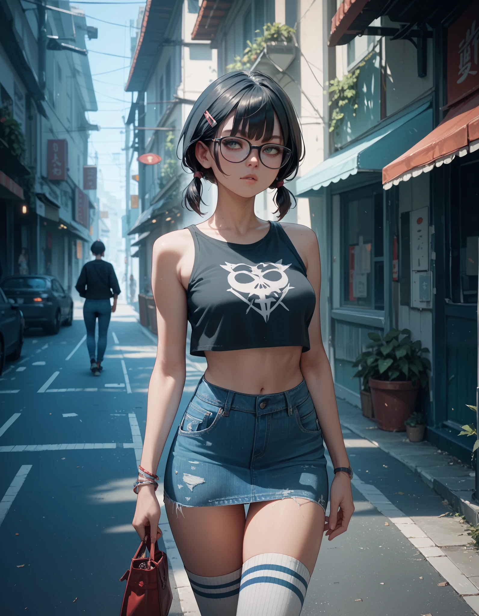 score_9, score_8_up, score_7_up, 1 girl, seductive, glasses, short hair with 2 pigtails, cropped tank top, denim mini skirt, thigh-high socks, walking in an empty street