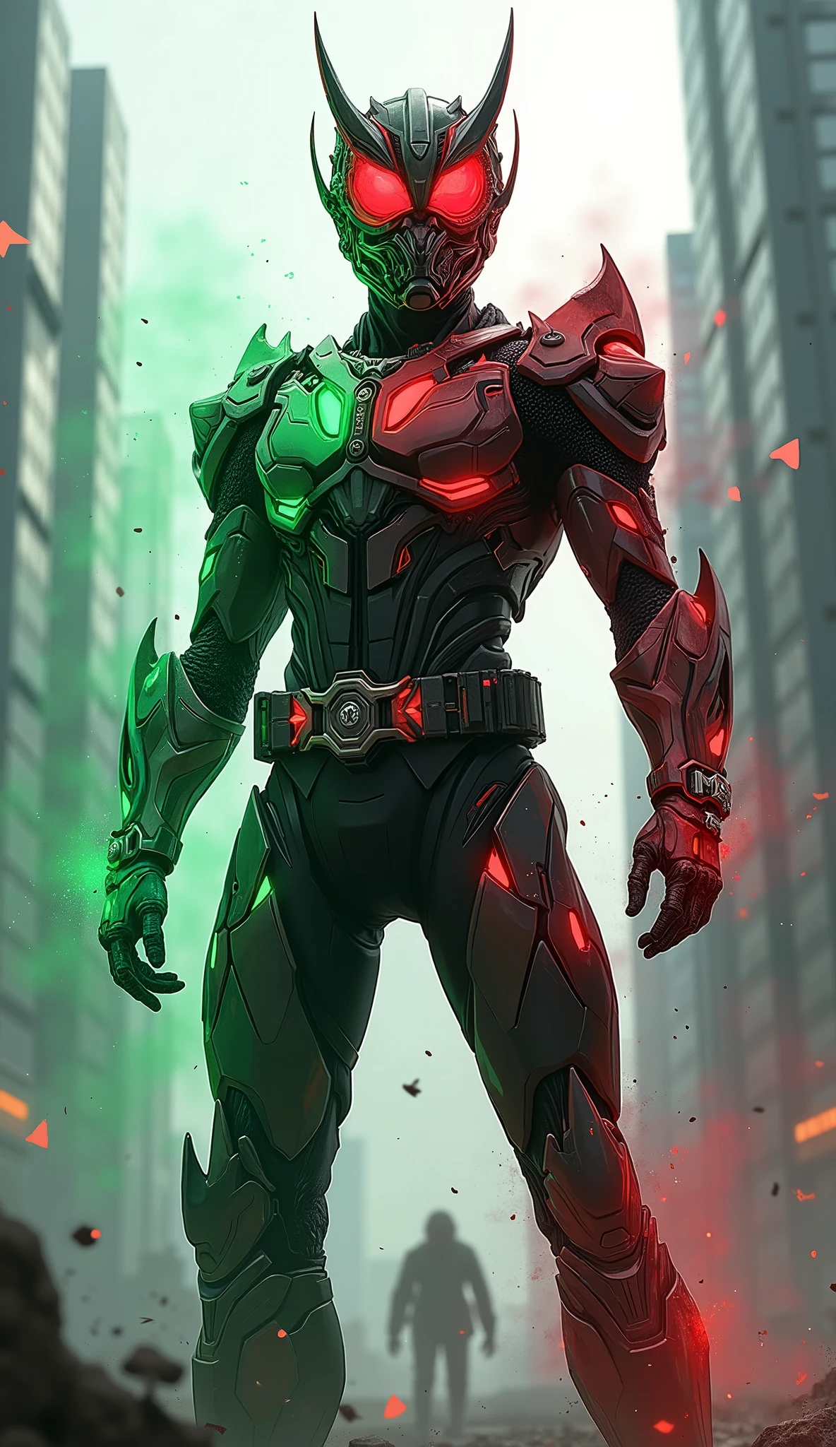 Cyborg with lightning powers in red and green armor