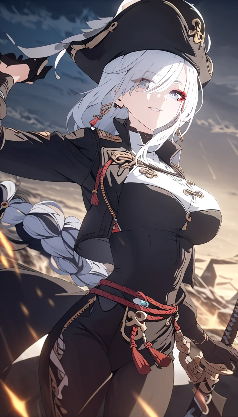 Penthesileia(destiny))、solo、、 1 person、Yellow Eyes、Blunt bangs、Grey Hair、Long Hair、Side Lock、French Braid、Folded ponytail、Crop top、Underbust、Shorts、Gauntlet、nail、West Cape、Thigh-high socks、black sclera、Fur trim、anger、fire、Outdoor、fire、Jack O' Challenge、Butt、Open your mouth、tooth、saliva、Heavy breathing 、