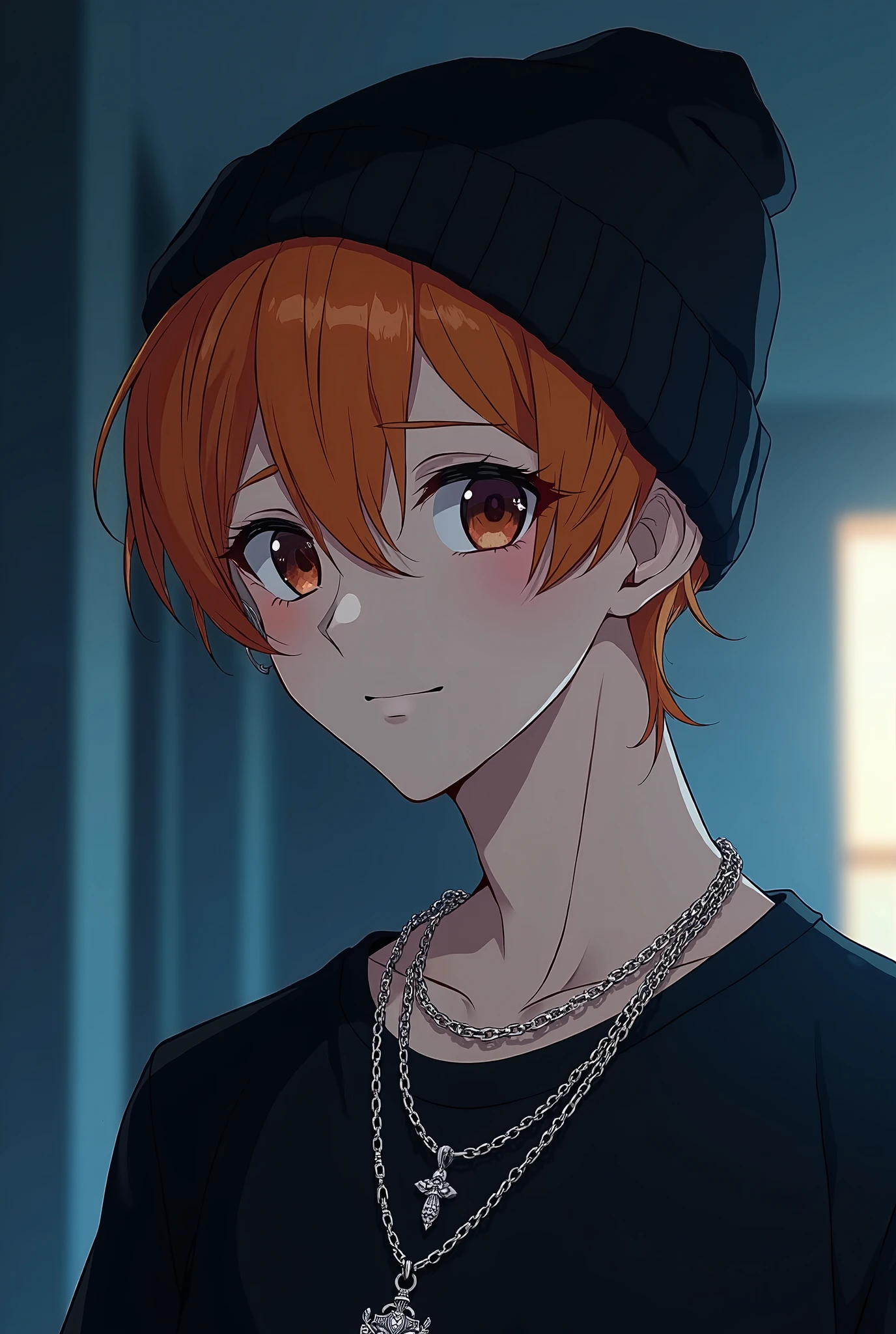 A stylish young man with short, orange hair and fair skin, depicted in a semi-realistic anime style. He wears a snug black beanie over his hair, framing his face and giving him a cool and modern look. His eyes are dark brown soft yet confident, with a calm expression and a hint of a smile. He wears a black shirt with multiple silver chain necklaces, one of which has an intricate pendant. The lighting is moody with cool blue tones, giving the scene a slightly mysterious and modern urban feel. The background is simple, with soft shadows to enhance the character’s presence 