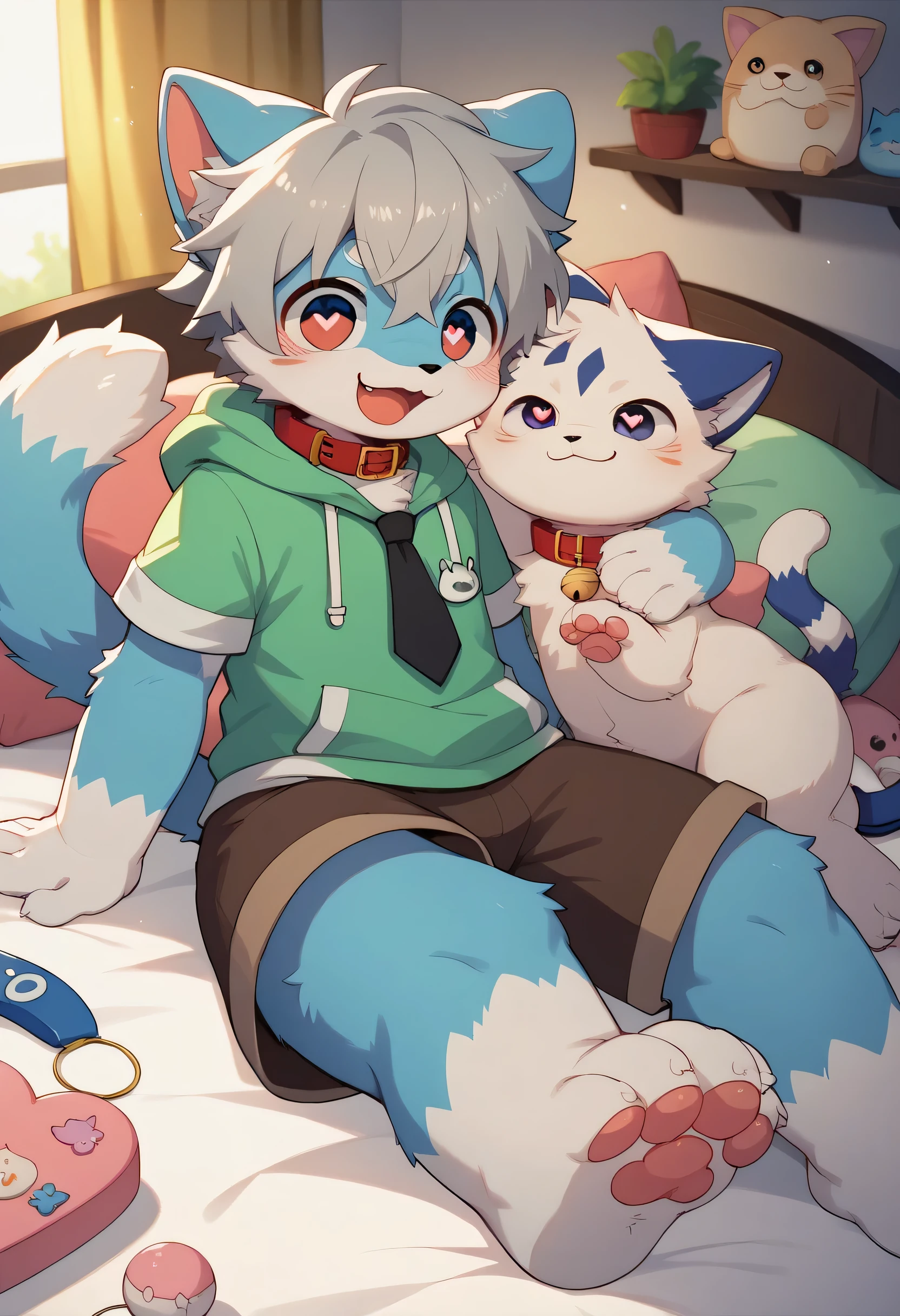 Blue fur, Canine, fox motif, Couple of girls and boys, uniform、Hand in hand,Both of them are crying,many tears come out of my eyes,bed,night,kiss,Drooling,