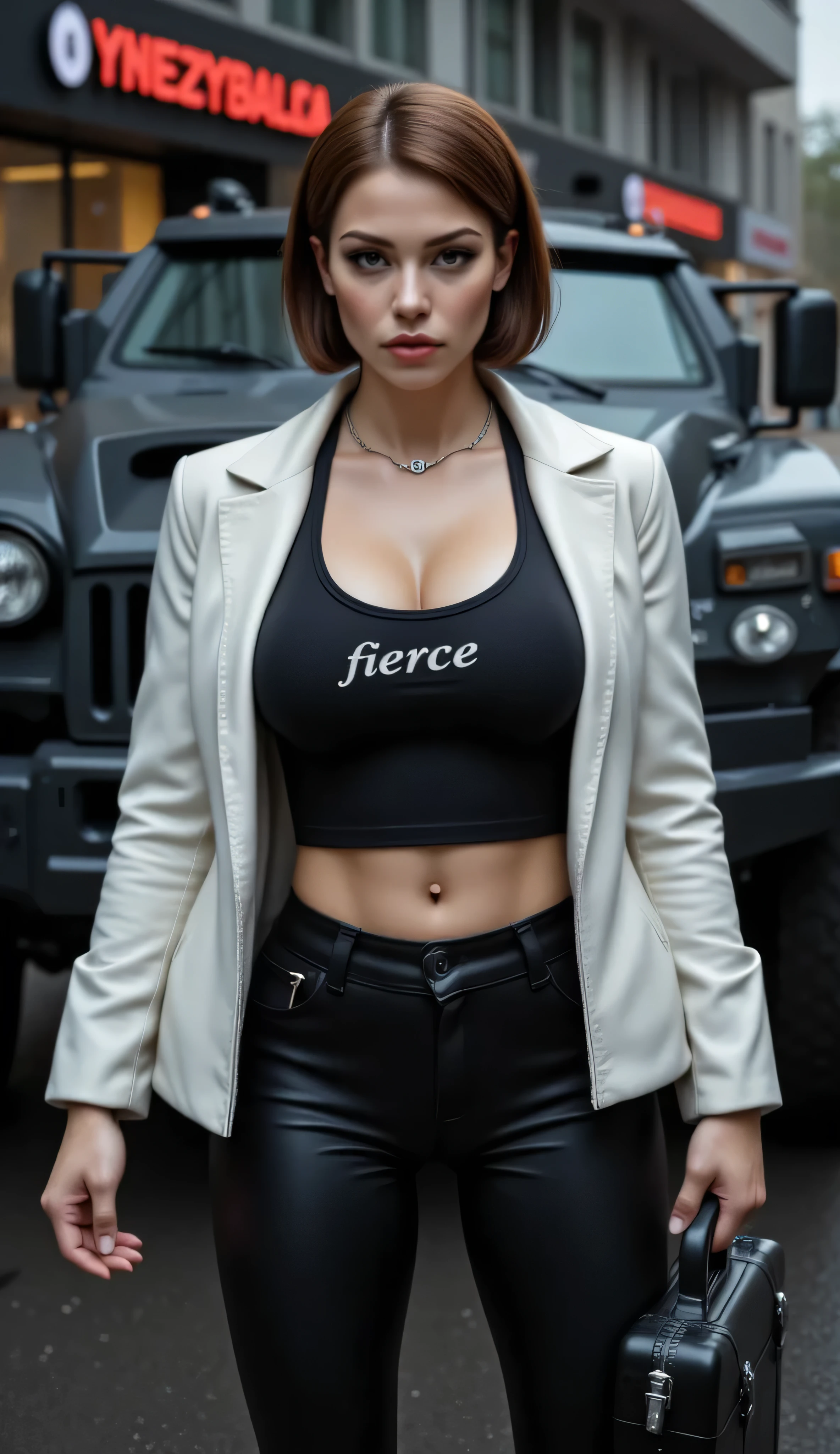 ((best quality, masterpiece, score_9, score_8_up, realistic photograph, life-like realism, hourglass figure, fluxbodybuilder, Real-Faceji)), beautiful 19 year old Russian girl, sultry female, brown hair short ponytail light brown highlights, windy, pale skin, (photo of a hardened female criminal, white leather jacket, unzipped, black t-shirt, black spandex torn capri pants, black belt with chrome rivets and a spiked buckle, silver chain collar, abdominal muscles, oversized breasts, narrow hips, head tilted, (((((European girl, bright red lips, blackout eyeshadow goth)))))), arrogant, concentrating, she is holding a futuristic security case handcuffed to her wrist, she has the word "FIERCE" tattooed in black on her left breast, knobs, buttons, and sliders, standing next to a futuristic vehicle, steampunk cybernetic armored weaponized military matteblack van, futuristic neon cyperpunk signs, steampunk neon, smug look of superiority, night, dark, dim lighting, overexposed