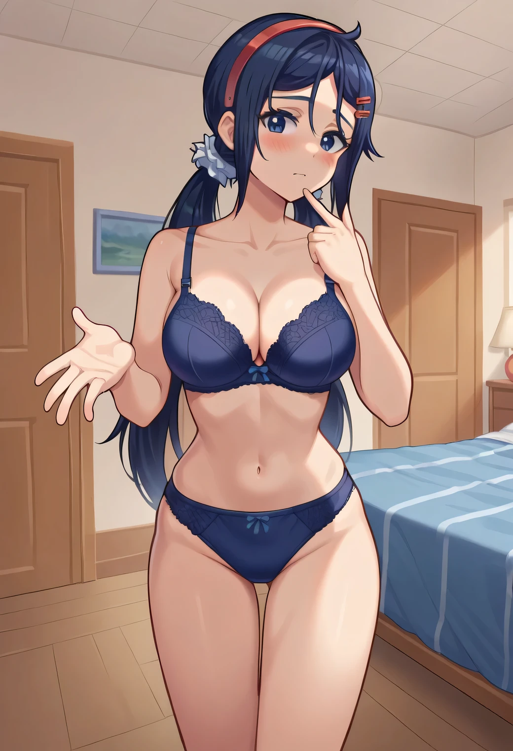 score_9, score_8_up,sharp focus,, absurdres, highres, illustration, mi_ta, 1girl, dark blue eyes, dark blue hair, braids hair, hairband, scrunchie, barrette pins, dark blue bra, dark blue panties, CLEAVAGE, large breasts, looking at viewer, solo, bedroom, standing, nose blush, DARK BLUE BRA, DARK BLUE PANTIES
