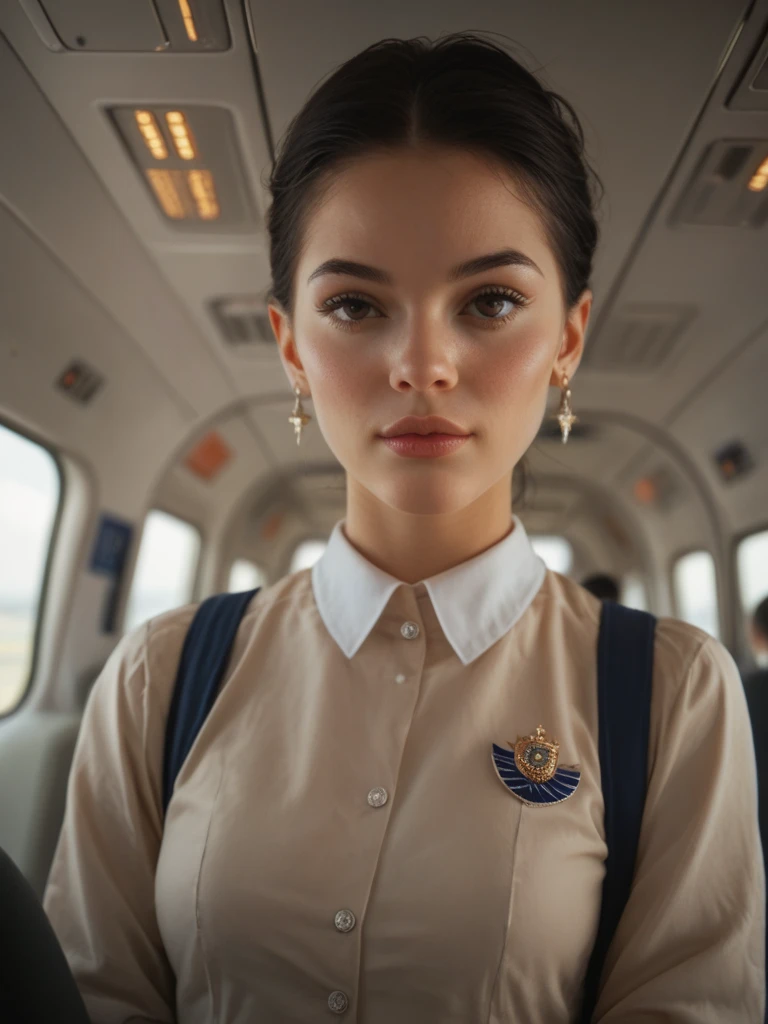 best quality,(RAW photo:1.2),(masterpiece:1.4),(photorealistic:1.4),(highres:1.4), 1girl, depth of field, flight attendant, intricately detailed,8k, extremely detailed, perfect lighting, epic background