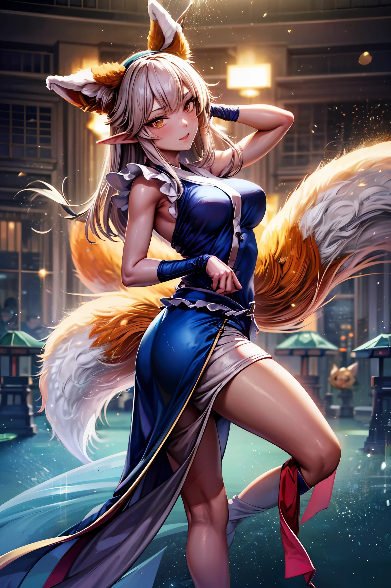 sparkle, cinematic lighting, UHD, anatomically correct, masterpiece, accurate, textured skin, high details, high quality, best quality, 1080P, elf, pointy ears, Dance party, ((kitsune dance))