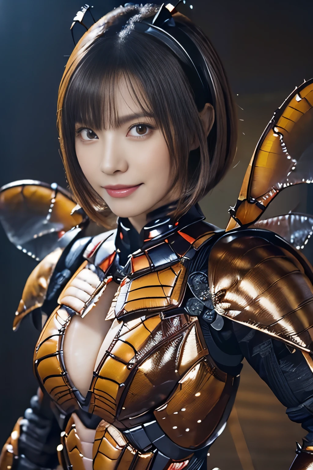 (High resolution,masterpiece,highest quality,Highly detailed CG, anime, Official Art:1.4), Realistic, photograph, Incredible detail, It&#39;s all complicated, Shiny and shiny,wonderful many layers, 8k wallpaper, 3D, sketch, cute, figure,( alone:1.4), Perfect female proportions,Villainess, (Fusion of dark brown cockroach and lady:1.4), (Brown cockroach female:1.2), (Brown cockroach female:1.2), (Fusion:1.2), (alone:1.4), (Wicked Smile:1.2), Muscular, Abdominal muscles, (Brown exoskeleton bio insect suit for cockroach:1.4), (Cockroach Brown Exoskeleton Bio Insect Armor:1.2), (Brown transparent cockroach wings:1.4), (Antennae of brown cockroaches:1.3),