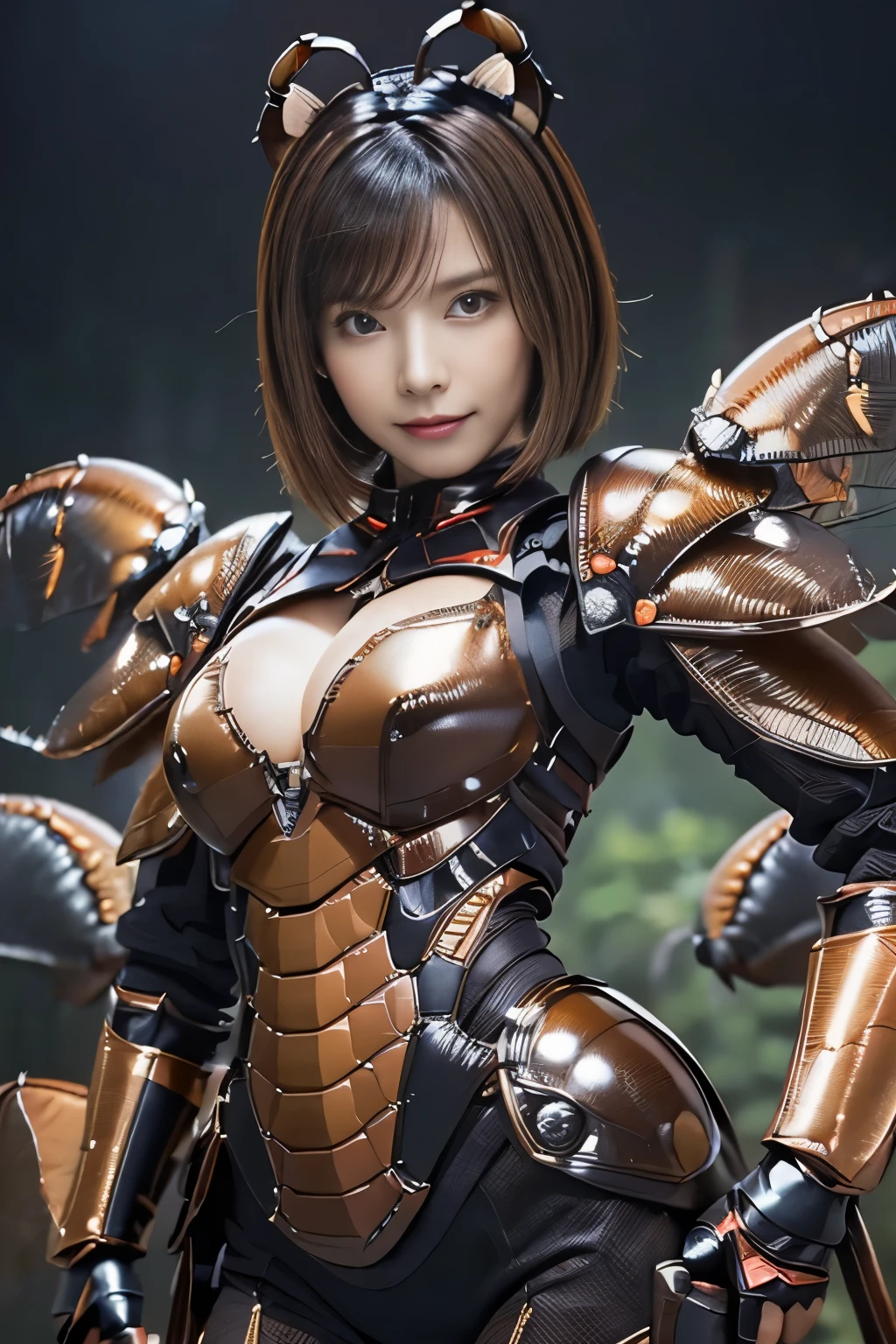 (high resolution,masterpiece,best quality,extremely detailed CG, anime, official art:1.4), realistic, photo, amazing fine details, all intricate, gloss and shiny,awesome many layers, 8k wall paper, 3d, sketch, kawaii, illustration,( solo:1.4), perfect female proportion,villainess, (fusion of dark brown cockroach and lady:1.4), (brown cockroach form lady:1.2), (brown cockroach lady:1.2), (fusion:1.2), (solo:1.4), (evil smile:1.2), muscular, abs, (cockroach brown exoskeleton bio insect suit:1.4), (cockroach brown exoskeleton bio insect armor:1.2), (brown transparency cockroach wing:1.4), (brown cockroach antennae:1.3),