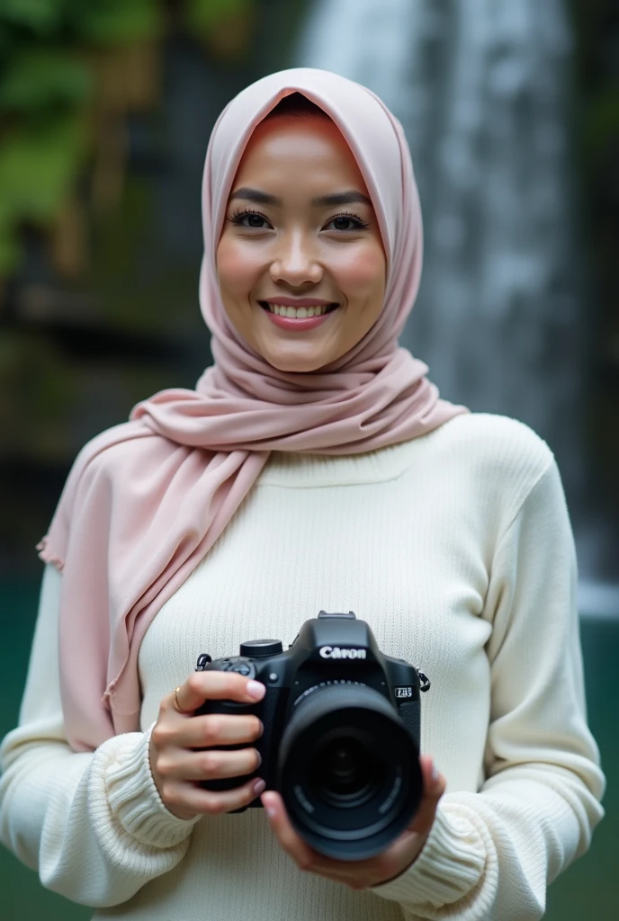 genitals, UHD, Malaysian, girl, woman, lady, female, milf, dark hijab, dark scarf, pale skin, , cute face, obesity, city, crowds, holding camera, Noon, rainy, wet body, sweaty, wearing yellow long arm t-shirt with "RAHMA" letter, tight jeans, facing camera