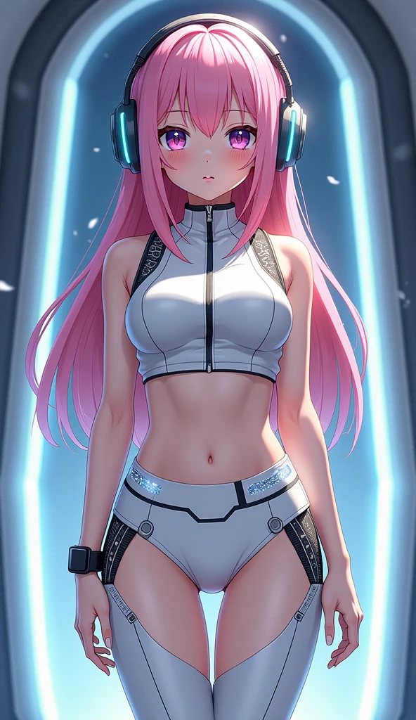 (Vista superior), Dynamic Angle, Ultra detallado, illustration, primer plano, llano, 1 girl in, ((Darlinginthefranxx: cero dos, Cero Dos, cuernos rojos largos, Auriculares jack, Medias rosas: 1.4, cabello rosado)), His eyes shine like dreamy stars, (ojos brillantes: 1.233), (Ojos hermosos y detallados: 1.1), (inexpresivo, boca cerrada), (En pie), (Mechanical room with tools and spacecraft windows in white mech), Tsuruwanglan en el fondo, (Noche: 1.2), Dreamy, [Dedos y manos delgados: 0.55]::0.85], (Dedos de detalle),