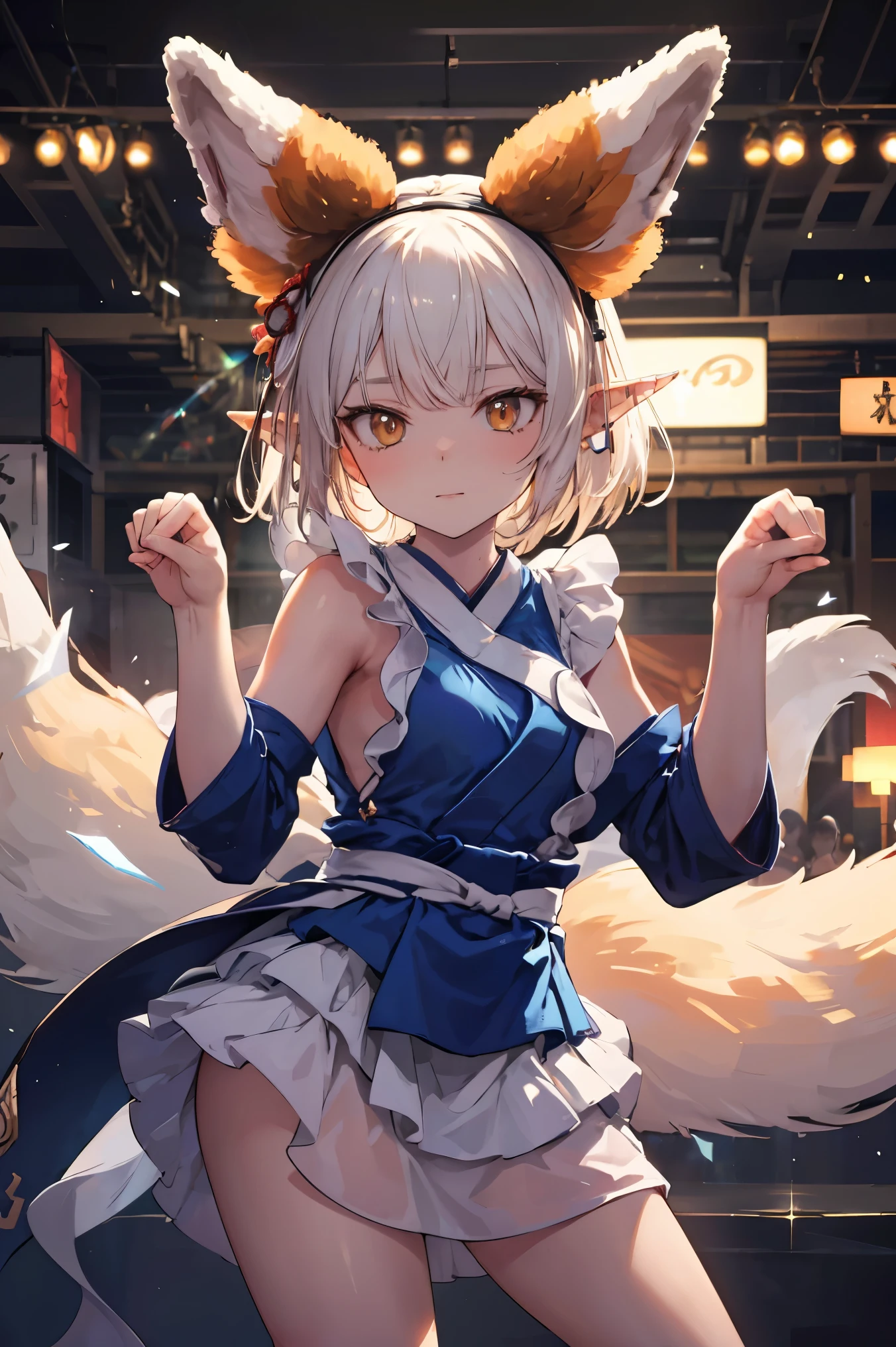 sparkle, cinematic lighting, UHD, anatomically correct, masterpiece, accurate, textured skin, high details, high quality, best quality, 1080P, elf, pointy ears, Dance party, ((kitsune dance))