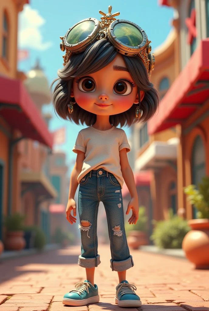 Make an image in Coraline and the secret door version of a person with short black hair, short, robust girl, with white pants with black stripes and a black sleeveless blouse.