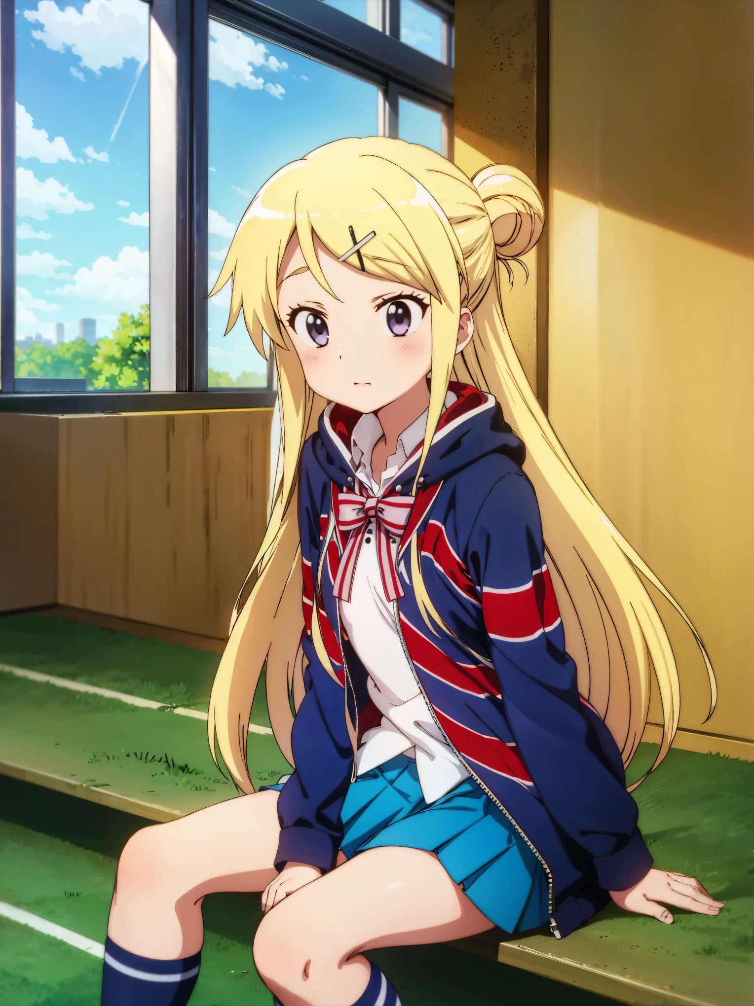 KUJO KAREN UNION JACK JACKET, a girl in a sailor suit who is unwell sitting on the floor of the gymnasium is watching the class, STRIPED BOW, WHITE SHIRT, LONG SLEEVES, PLEATED SKIRT, BLUE SKIRT, KNEEHIGHS, SNEAKERS