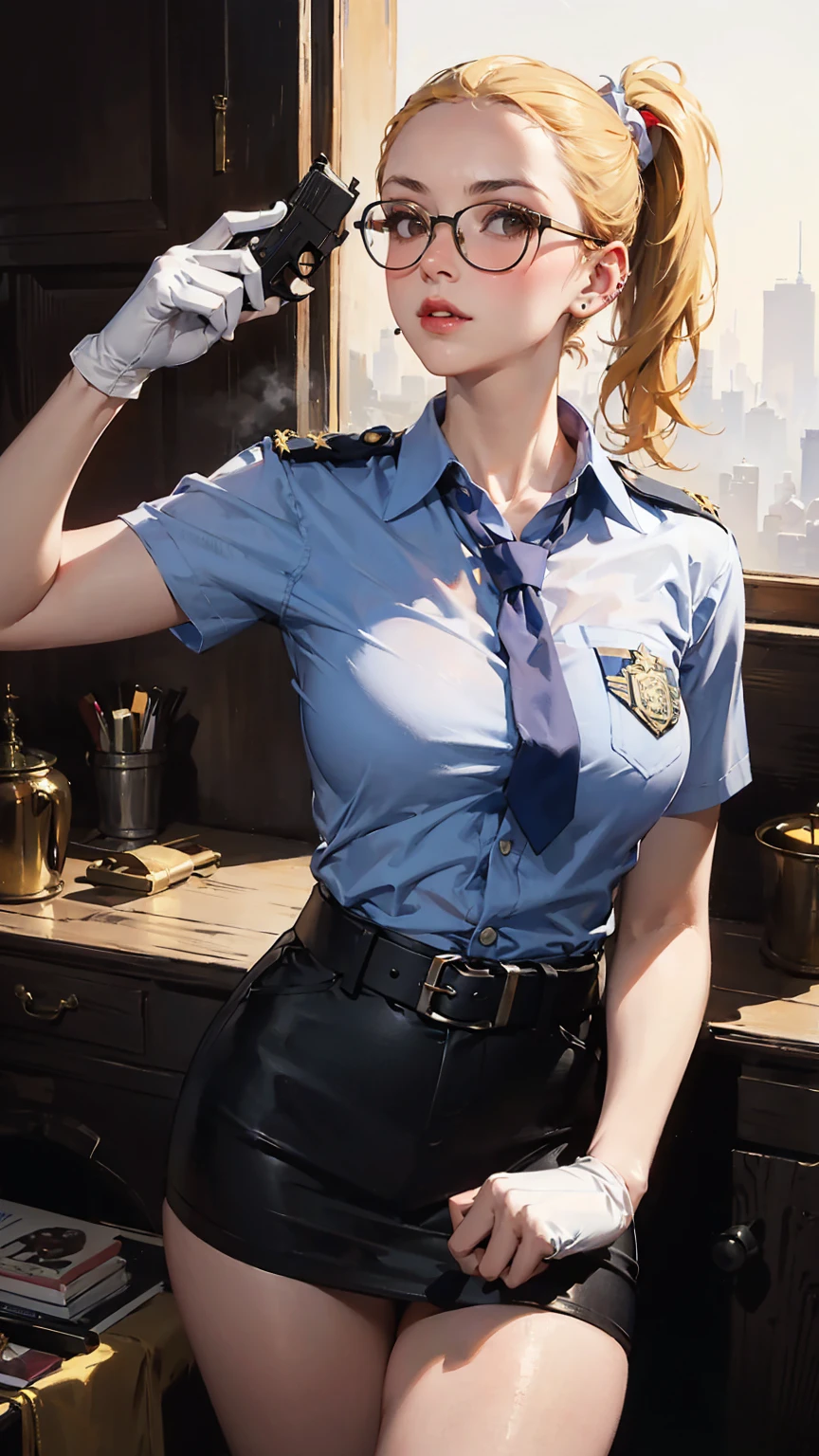 (19 years old emmsto), (Police uniform:1.0), (micromini), (from_above:1.3), (hand_on_hip:1.2), sexy