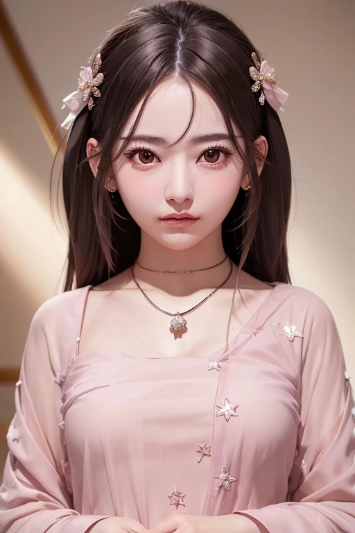 Gentle and charming Chinese beautiful woman, full body photo, super gorgeous knee-length suspender princess dress, exquisite and sexy collarbone, charming oval face, double eyelids, smart peach blossom eyes, pink lips, small nose, bare shoulders, focus on the face , face close-up, UHD, super detail