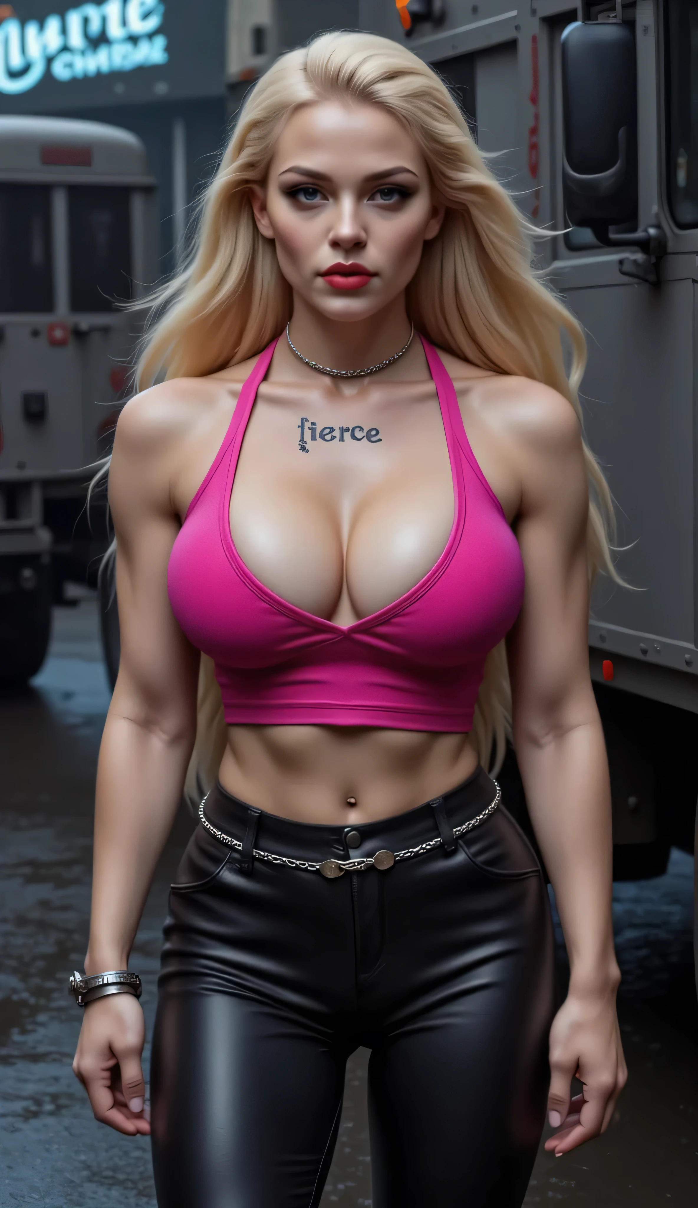 ((best quality, masterpiece, score_9, score_8_up, realistic photograph, life-like realism, hourglass figure, fluxbodybuilder, Real-Faceji)), beautiful 19 year old Russian girl, sultry female, long punk blonde hair shaved on one side, windy, pale skin, (photo of a hardened female criminal, black leather jacket, unzipped, hotpink t-shirt, black spandex torn capri pants, black belt with chrome rivets and a spiked buckle, silver chain collar, abdominal muscles, oversized breasts, narrow hips, head tilted, (((((European girl, bright red lips, blackout eyeshadow goth)))))), arrogant, concentrating, she is holding a futuristic security case handcuffed to her wrist, she has the word "FIERCE" tattooed in black on her left breast, knobs, buttons, and sliders, standing next to a futuristic vehicle, steampunk cybernetic armored weaponized military matteblack van, futuristic neon cyperpunk signs, steampunk neon, smug look of superiority, night, dark, dim lighting, overexposed