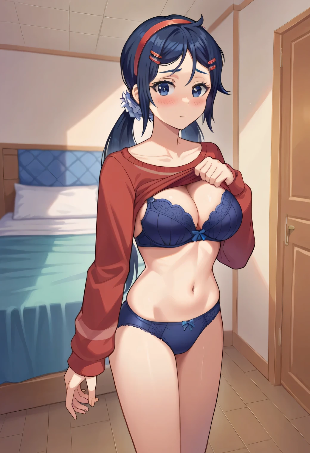 score_9, score_8_up,sharp focus,, absurdres, highres, illustration, mi_ta, 1girl, dark blue eyes, dark blue hair, braids hair, hairband, scrunchie, barrette pins, dark blue bra, dark blue panties, CLEAVAGE, large breasts, looking at viewer, solo, bedroom, standing, nose blush, DARK BLUE BRA, DARK BLUE PANTIES