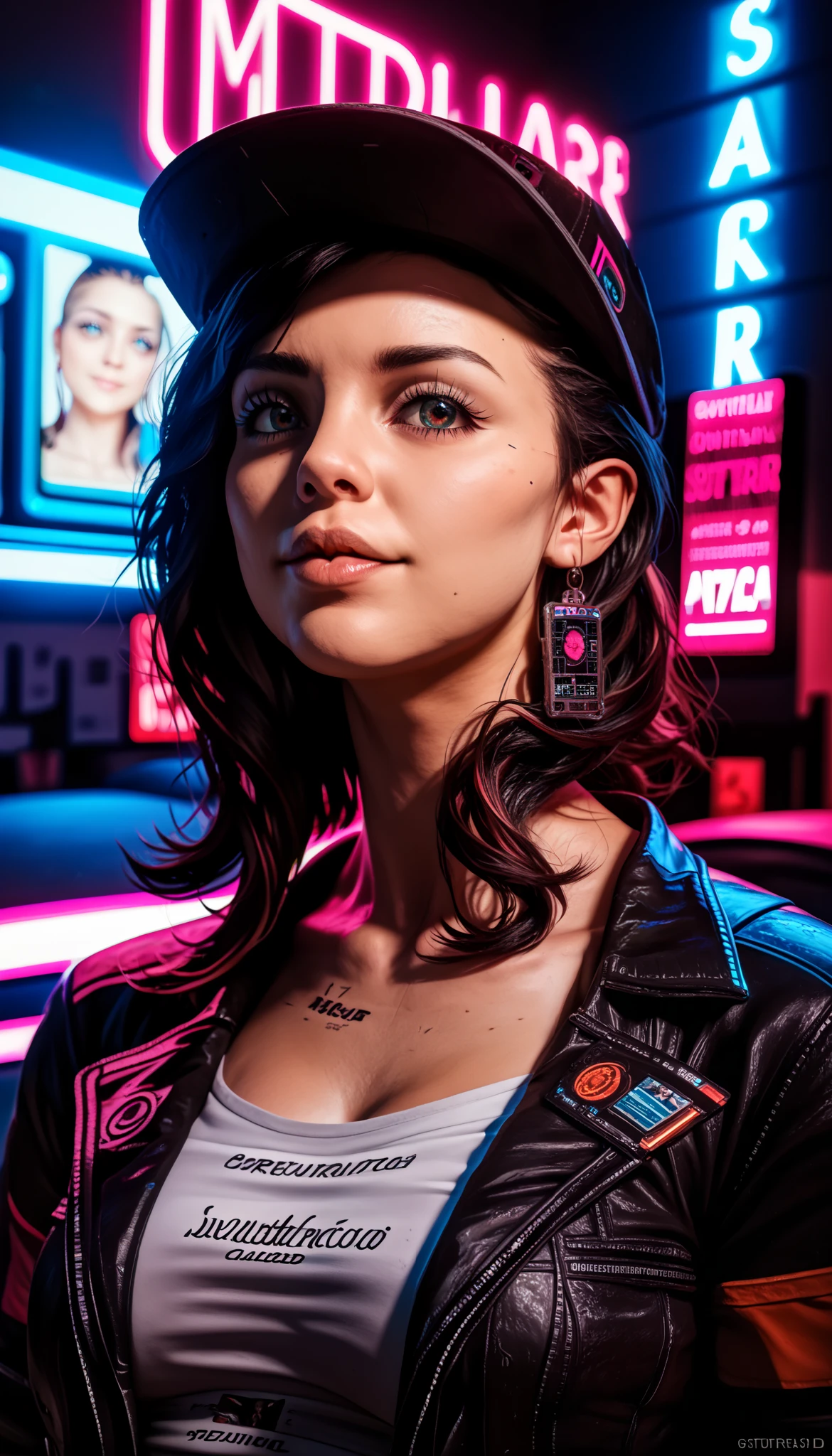 a beautiful woman with medium length hair, wearing a cap, in a cyberpunk style outfit with short clothing, (best quality,4k,8k,highres,masterpiece:1.2),ultra-detailed,(realistic,photorealistic,photo-realistic:1.37),detailed face, beautiful detailed eyes, beautiful detailed lips, extremely detailed face and eyes, long eyelashes, cyberpunk, science fiction, futuristic, neon lights, gritty, moody atmosphere, vibrant colors, dramatic lighting