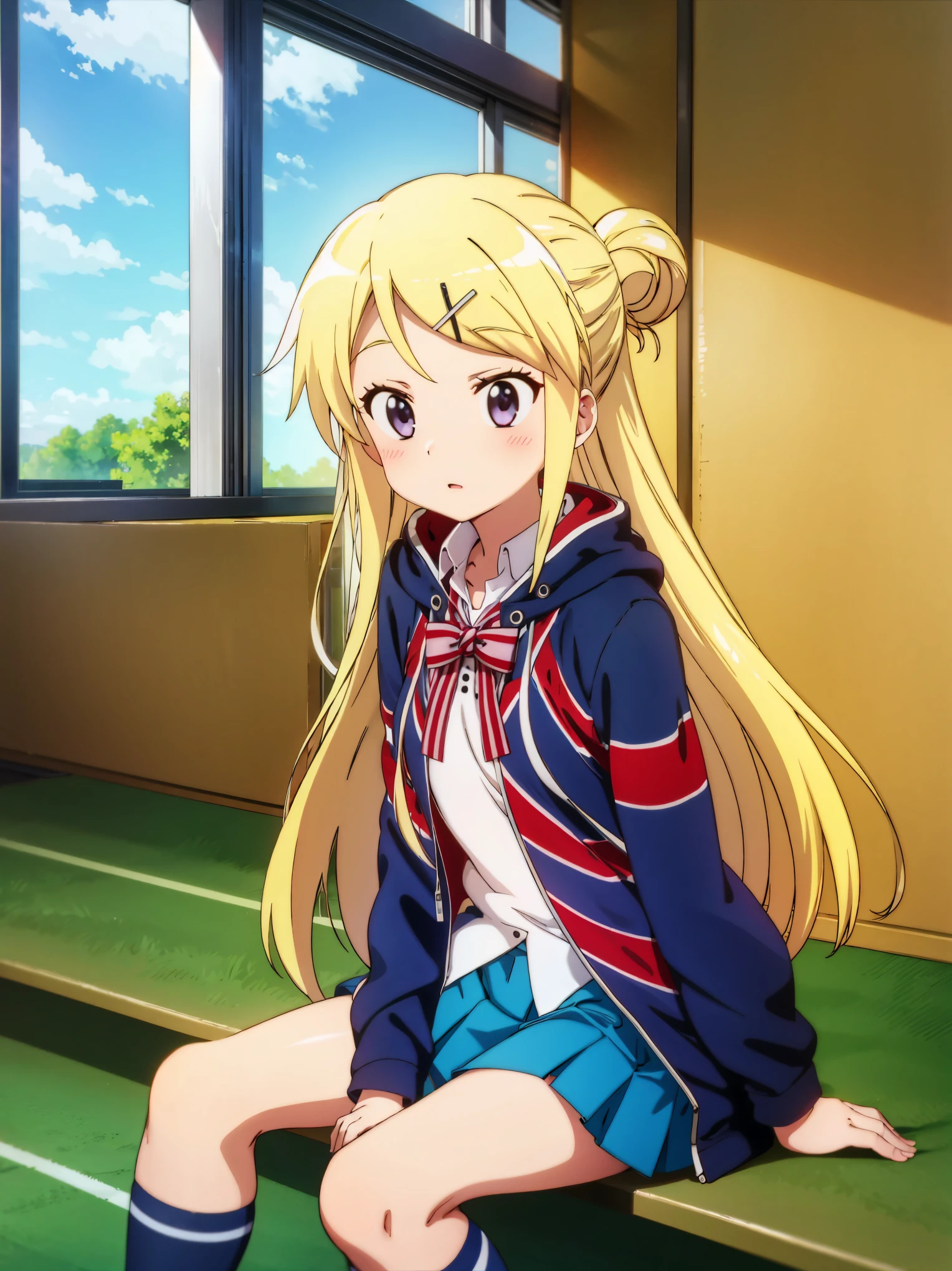 KUJO KAREN UNION JACK JACKET, a girl in a sailor suit who is unwell sitting on the floor of the gymnasium is watching the class, STRIPED BOW, WHITE SHIRT, LONG SLEEVES, PLEATED SKIRT, BLUE SKIRT, KNEEHIGHS, SNEAKERS