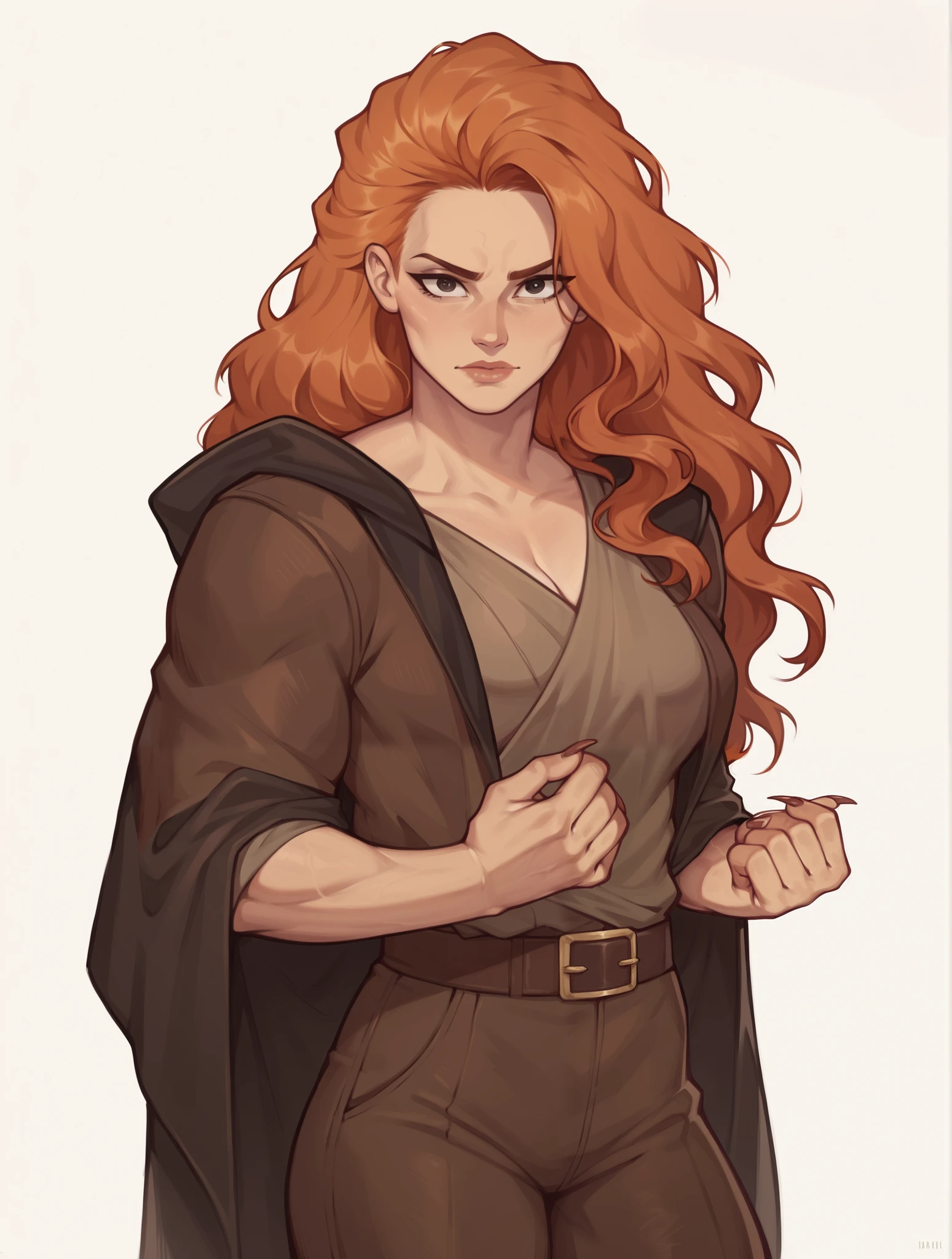score_9, score_8_up, score_7_up, 1women, (((((SOLO))))), (((long waved hair))), orange hair, musculous body, perfect face, tan skin, black eyes, (brown leather cloak), (brown top), upper body, medium breasts, muscle women, warrior position, warrior, long nails, elegant, beautiful, masterpiece, the best quality, brown pants, female face
