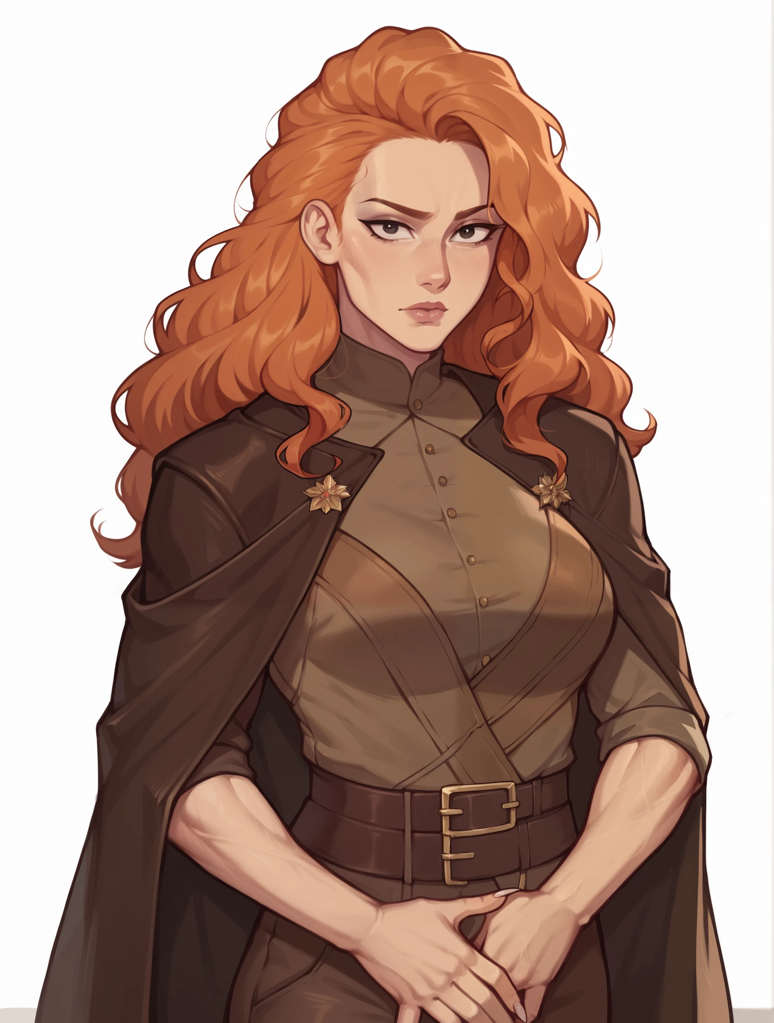 score_9, score_8_up, score_7_up, 1women, (((((SOLO))))), (((long waved hair))), orange hair, musculous body, perfect face, tan skin, black eyes, (brown leather cloak), (brown top), upper body, medium breasts, muscle women, warrior position, warrior, long nails, elegant, beautiful, masterpiece, the best quality, brown pants, female face