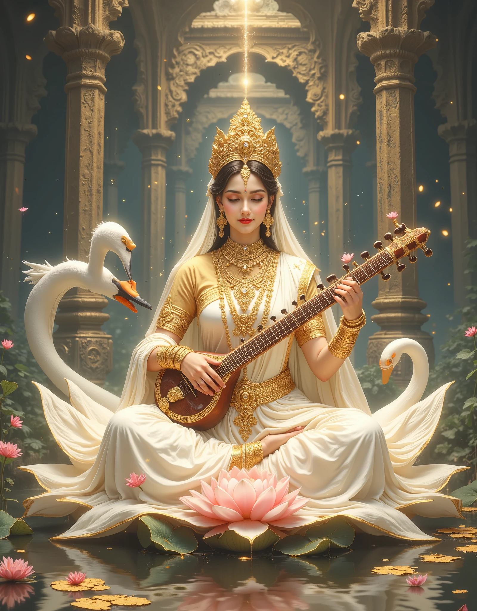 Goddess of wisdom, she is the goddess of education and prosperity of the entire universe, a divine energy radiating from her, she is Goddess Saraswati, Hindu goddess Maa Saraswati, wearing light cream saree and golden full-sleeve bouse, saree with heavy golden embroidery, heavy bridal jewellery and bangles, she possess a huge crown on head, glowing aura behind her head, playing a divine Sitar ( indian music instrument Sitar), sitting on white-pink lotus in the pond, holding two lotus in another two hands, the background is set to be inside temple ruins, of a dark mystical temple, ancient temple, water sparkling, a huge white glowing beautiful Swan (( Swan)) floating near her, pollen grains in atmosphere, glowing points in atmosphere, hyper detailed, add some anime flavor but overall illustration will be realistic, shot taken with Sony 55 mm lens, bg blur:1.4, smiling face:1.0, head down