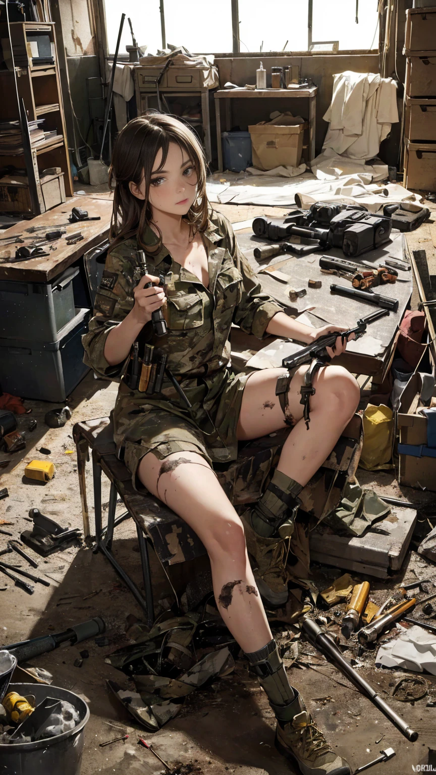 1girl holding a screwdriver, in a very sexy pose, in a huge and very messy and dirty room, looking at the camera, camouflage clothing, with lots of detail and lots of dirt on the table a .50 sniper with some ammunition scattered, extremely beautiful and delicate dirty face, she works in this huge room.