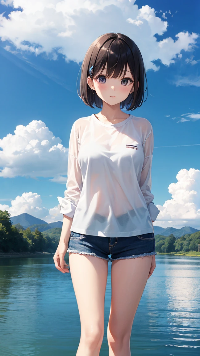 My clothes are wet from the rain and my underwear is visible.、rain