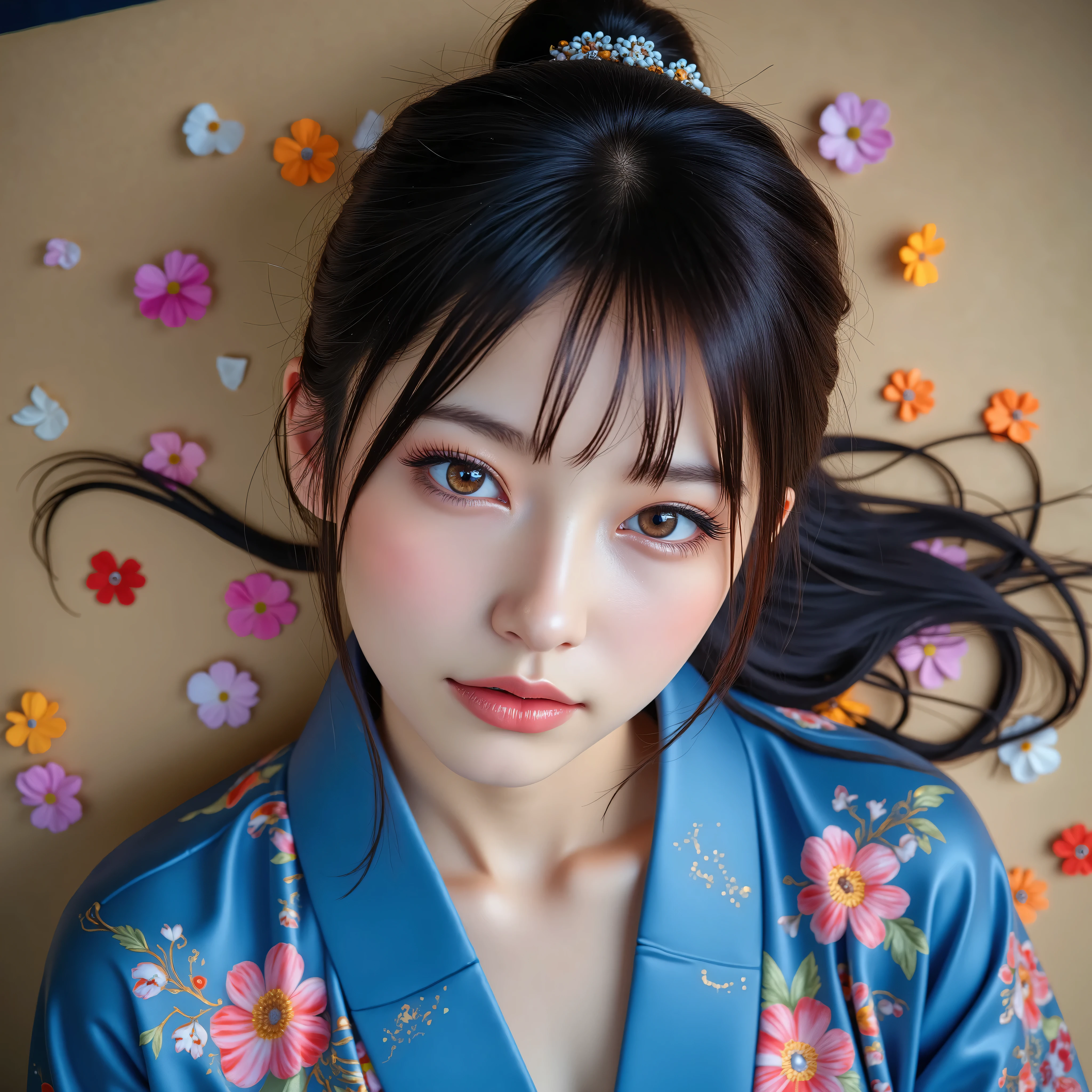 (Canon), (EOS R5), (50mm), (( Photo realistic :1.5)), (No lens flare :1.5), (超 high resolution), (masterpiece),  accurate, (  realistic な質感の肌),  more details,  high detail,  High Quality  ,  Award-winning work , 最 High Quality , 32K,  is written in depth,  digital camera,  Award-winning glamour photo  ,  professional writing , ((最 High Quality :1.5)), ((masterpiece:1.5)), ((  realistic )),  high resolution, (とても美しくて可愛い1 personの日本人女性), ((Aerial view from above :1.5)), (( upper body shot lying on your back from head to knee :1.5)), (Full body shot lying on your back :1.4), ((A half-naked Japanese woman wearing a Japanese kimono)), ((Lying on your back on a beautiful tatami mat in a Japanese-style room :1.5)), (( lying on your back :1.5)), ((( wearing only Japanese kimonos ,  no underwear,  no shoulder straps , semi-nude:1.5))), ((( The front of the kimono is wide open to see the cleavage between the shoulders and bust :1.8))), (1 person), ((Beautiful and cute,  18 year old Japanese)), (( very cute high school girl with a good shape )), ( beautiful black hair ponytail), Very beautiful and sexy,  Fascinating Beauty ,  seductive pose , Height: 160cm,  slim figure, Beautifully shaped bust , D Cup, (A very cute, cheerful smile:1.5), (alone:1.5), ( brown eyes:1.9), ( Detailed depiction of extremely  realistic  skin ), (Highly detailed,  realistic  eyes:1.9), (Very beautiful, Long,  realistic  eyelashes), (Highly detailed,  realistic  eyebrows), (丸い brown eyes :1.8), ( beautiful catchlight on the eyes), (Realistic lips with moisture ), ( white  realistic  teeth arranged neatly), ( Beautiful and Detailed Face :1.6), (Hourglass body shape:1.6), (Wasp waist :1.5), ( Perfectly round and beautifully shaped bust :1.8), ( clearly contoured cheekbones  :1.5), ( perfect style body  :1.8), (Healthy body :1.8), (Narrow shoulders:1.9), ( staring at viewers ), ( seductive gaze ), (Beautiful, natural-looking hands), (Beautiful pink nails of perfect length), ( show your hands as little as possible ), ( very cute smile:1.1), (Waist,  I can see my stomach:1.4), Intricate and detailed,  colorful depiction , (( A blue Japanese kimono with a beautiful and cute floral pattern designed like an orchid:1.5)), (( The kimono is large and the shoulders and chest are quite exposed :1.3)), ((( off shoulder:1.8))), (( Beautiful blue Japanese kimono with a beautiful floral pattern )), ((Kimono with a flower pattern on blue fabric )), ((I can&#39;t show my feet)), woman 1 person, Flower Hairpin, (Ikebana can be seen behind it ),  extremely sexy sensual body , , like々 Sensual elegance,  Sexy Body, Sexy appearance, Lying on the tatami mat in a Japanese-style room, The groin and thighs are exposed ,  shot taken from directly above, ( Beautiful pink, yellow, and white petals are scattered on the tatami mat), Japanese style hairpin,  Japanese Style Hair Ornament, A gentle-looking face,  thin waist , ( Beautiful cleavage of the bust can be seen quite a bit ), ((I can&#39;t show my feet)),  blur the background , Illuminate the face, dynamic pose, beautiful body line , Beautiful,  realistic  skin , Art Photography,  beautiful soft lighting , 