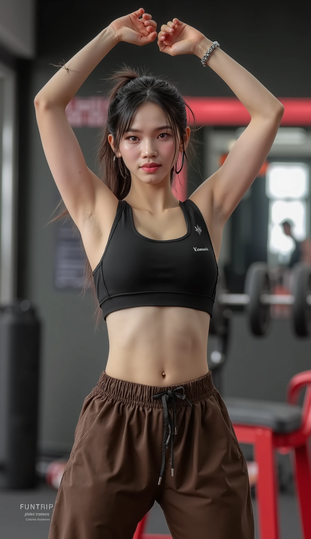 最high quality、best image quality、masterpiece、teenage girl((18-year-old、 By becoming、vest bust、medium bust,wide open breast tea、black eye, blonde、long hair、thin,highest valley、black sports bra、Black sports pants、smile、peace sign)),high quality、beautiful art、background((sports gym)),debris flies、Depth of written boundary、movie、visual art、perfect art、8K,genuine