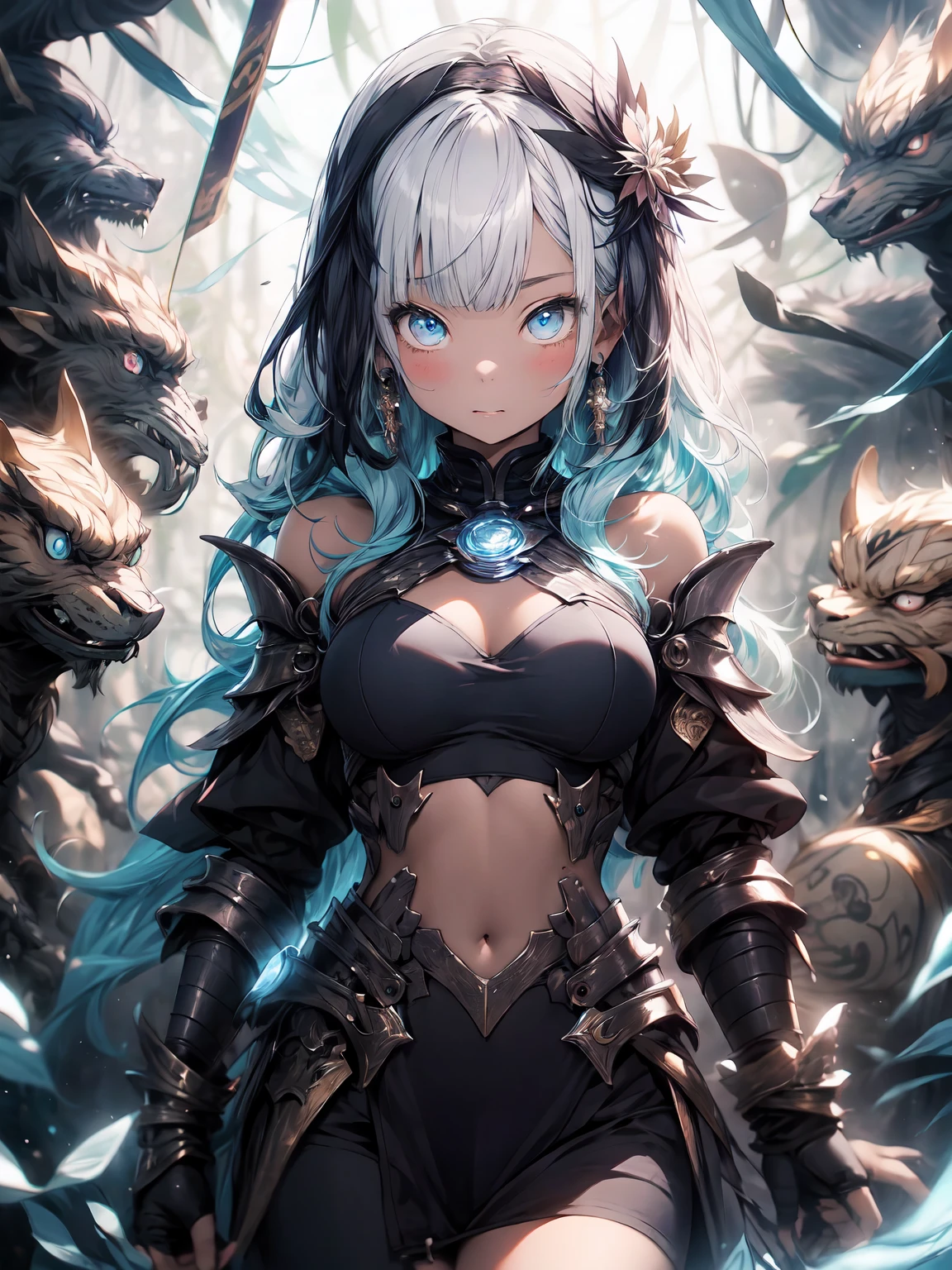 fox female assassin with a beatiful face emerald green eyes red eye shadows and lips, her body and arms covered with mystical tatoos, dressed in sexy long sexy leather armor with fur, cast a spell in the middle of the night summer forest, (ultra high quality fantasy art. dafk fantasy style, masterpiece, ultra highquality character design, 8k quality anime art, top quality wallpaper illustration, detailed ultra high quality acurate face, highquality design and acurate physic