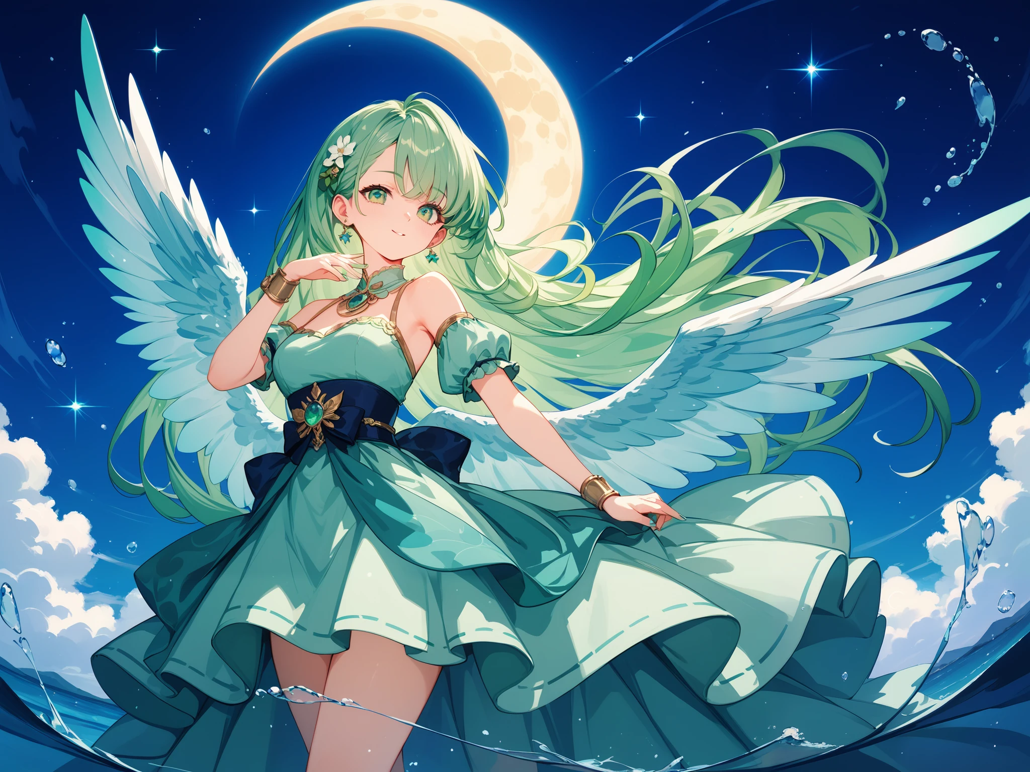 (((Archangel))) ((fluffy feathers smile Big feather)),((White Dove Big full moon)),(End of the Galaxy shooting star Drop shoulder Sailor suit Shiny Earrings Green Hair Long Hair), Shining Edge Shining Background