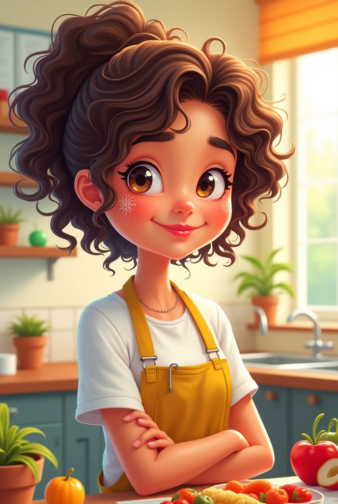 CARTOON CREATE IMAGE WITH GREY CURLY HAIR TIED BACK, FRIENDLY FACE, 62 YEARS OLD, IN A GARDEN