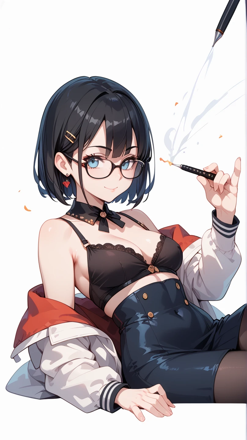 masterpiece, best quality, highly detailed, i-no a woman, red outfit, witch hat, red boots, ring necklace, dark hair, black hair, bob haircut, mole right to mouth, posing, 1girl, solo, standing, close-up, upper body, red skirt, evil grin, ((crazy)), glasses,