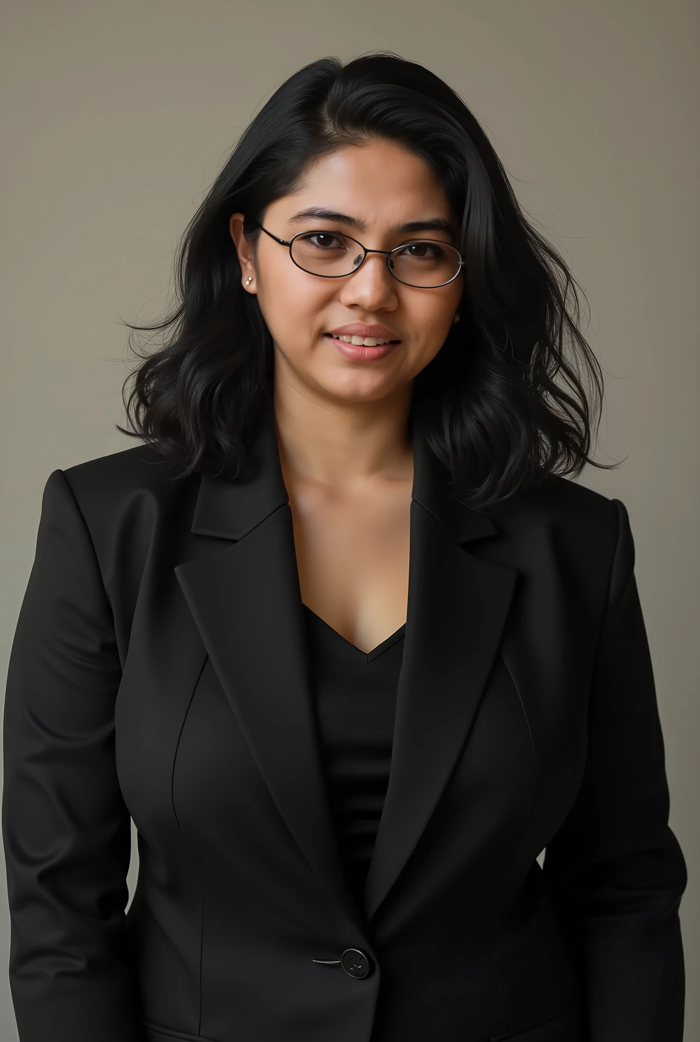 A 2 indian single woman with side parted dark mid length hair, white skin, oval face and no smile, she is wearing a fully buttoned white shirt blouse and black small  rectangular glasses facing the front showing full torso and posing for linkedin profile