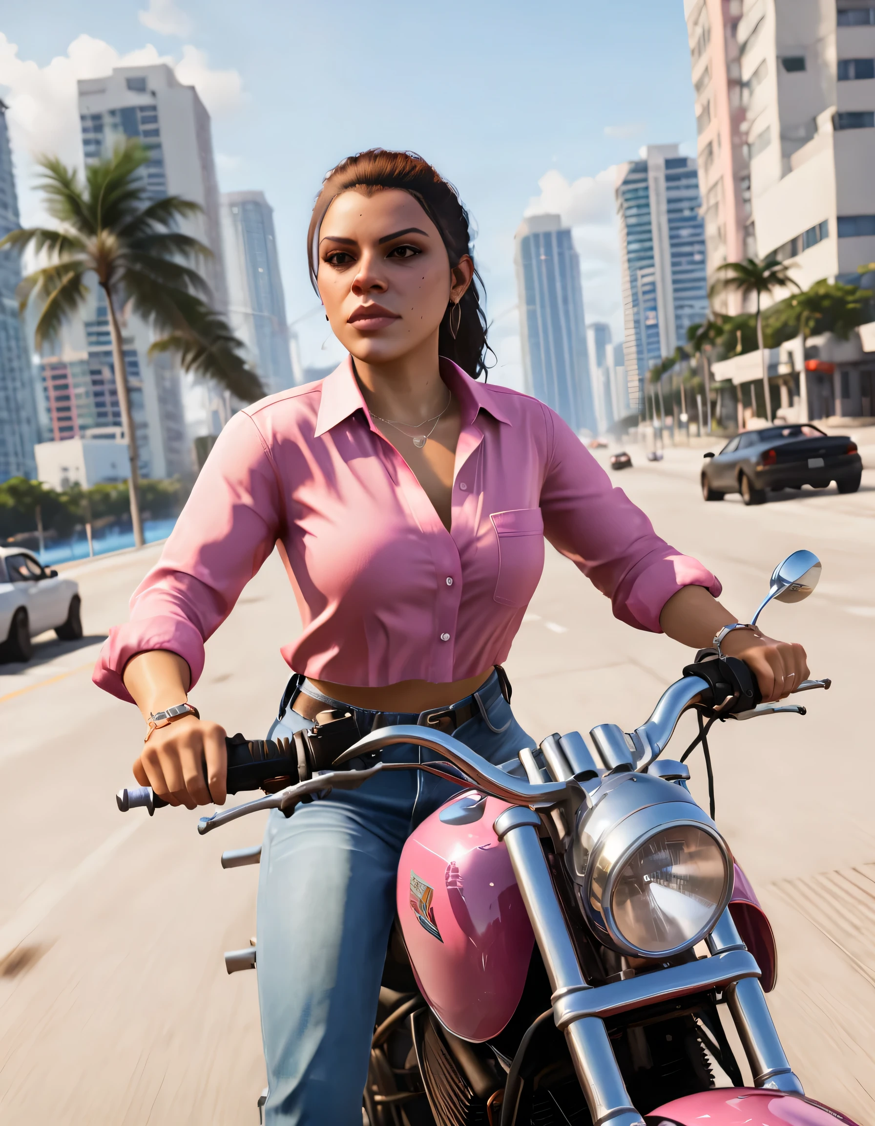  create a wallpaper with Lucia from GTA 6, on top of a motorcycle,  driving in the city of Miami ,  at high speed, Very detailed image,  highlight the photo for Lucia ,  use as original clothes , pink wool blouse and military blue pants ,  Ultra-realistic image , I'm 8k