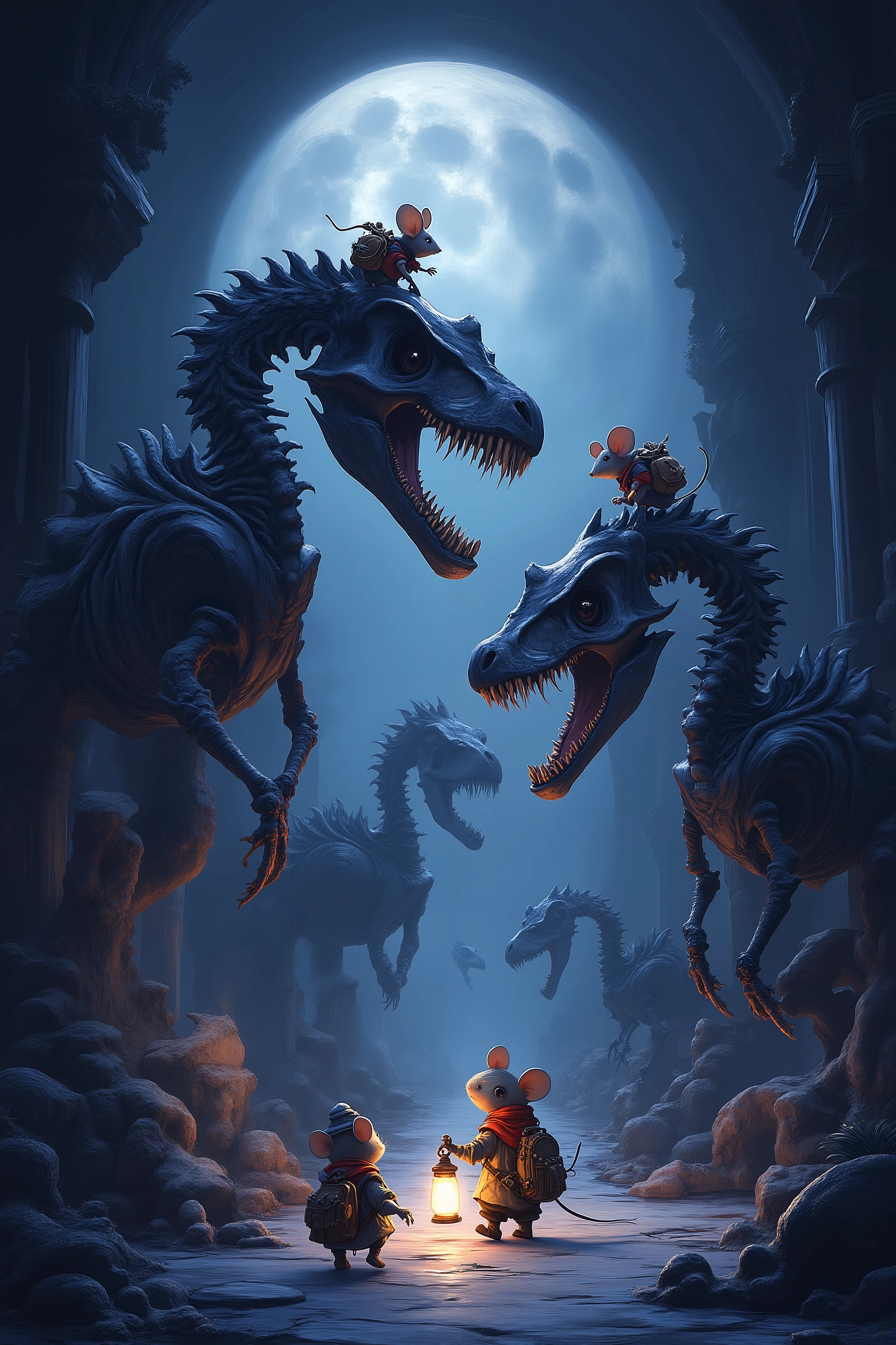 A magical nighttime scene inside a dimly lit museum, showcasing towering dinosaur skeletons on display. The environment has an air of mystery with soft moonlight streaming through the large windows, casting shadows on the floor. Tiny anthropomorphic mice, dressed in adventurer outfits like hats, scarves, and tiny backpacks, explore the museum with curiosity. One mouse is climbing a dinosaur skeleton, while another holds a tiny lantern, illuminating its path. The overall atmosphere is whimsical and adventurous, with intricate details of the museum exhibits and the playful mice creating a storybook-like charm.