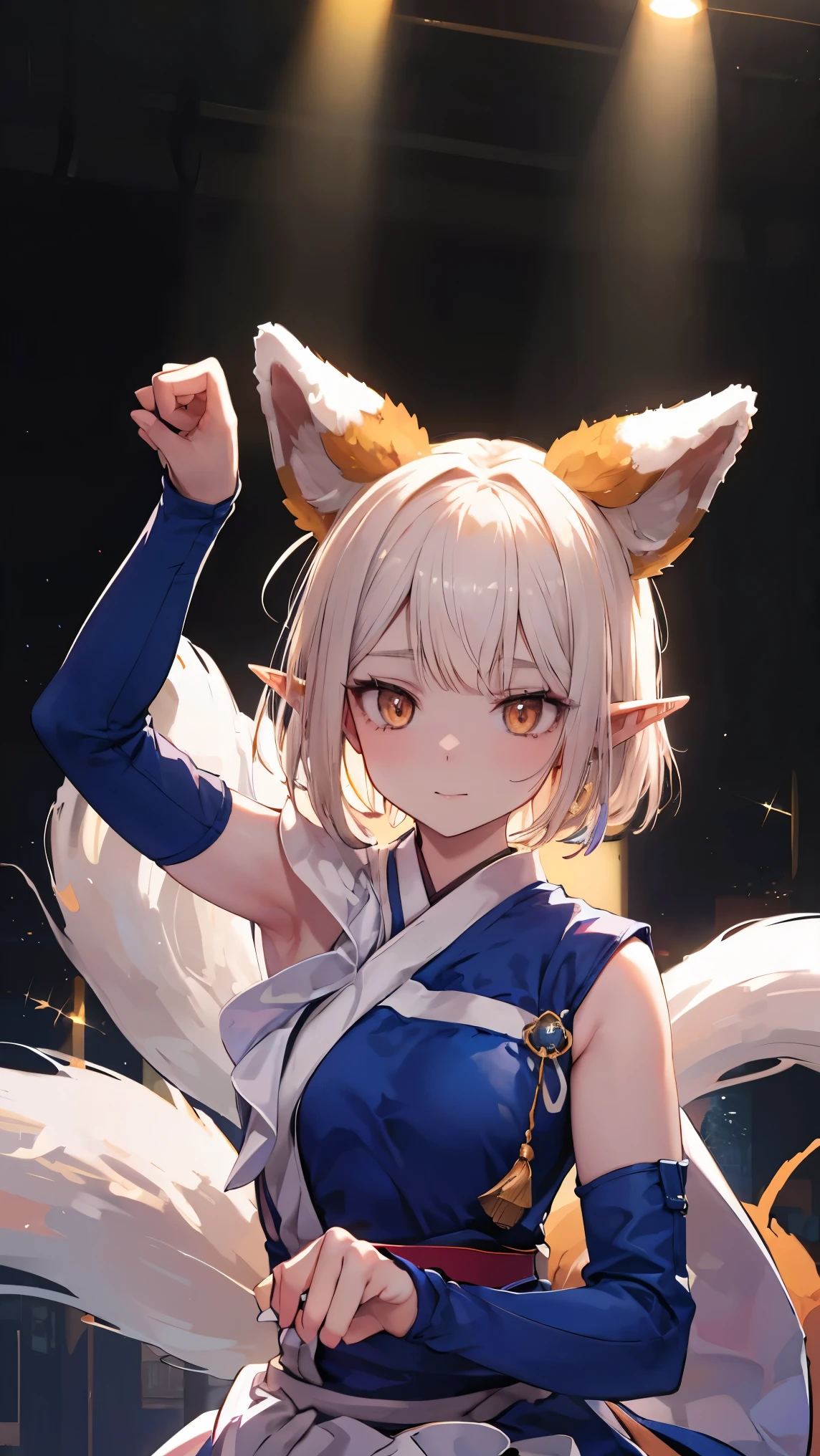 sparkle, cinematic lighting, UHD, anatomically correct, masterpiece, accurate, textured skin, high details, high quality, best quality, 1080P, elf, pointy ears, Dance party, ((kitsune dance))
