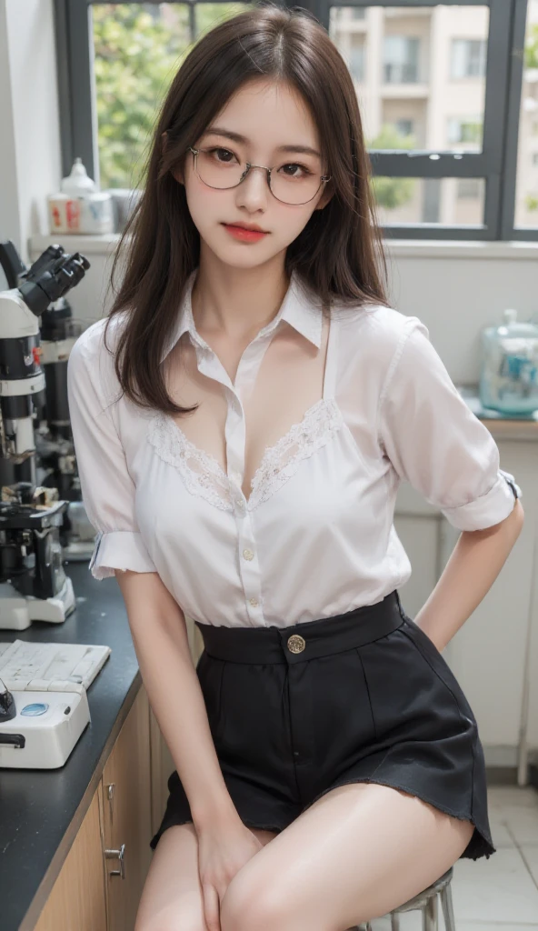 (best quality,4K,8ก,high resolution,table top:1.2),like full body., stand, Very detailed,(realistic,realistic,Virtual image:1.37),do not have,do not have,professional,Portrait,Beautifully detailed eyes,Beautifully detailed lips,ดวงตาและใบหน้าที่มีรายVery detailed,Long eyelashes,curly hair,Smile confidently.,Serious expression,naked,do not haveส่วนบน,breast exposure,Beautiful breast ,School teacher with glasses,Formal sheer shirt that accentuates the body&#39;s lines,drenched in sweat, Can be seen through, was revealed,A dark grey mini skirt that accentuates the torso.,Very thin waist, exposed thighs, white stockings,standอยู่หน้ากระดานดำ,Teach with passion,Students are listening attentively.,Clean and tidy classroom,Bright and natural light,bright colors,soft shadow,Show your knowledge,Interactive teaching model. Showing half of a large chest. open shirt.
