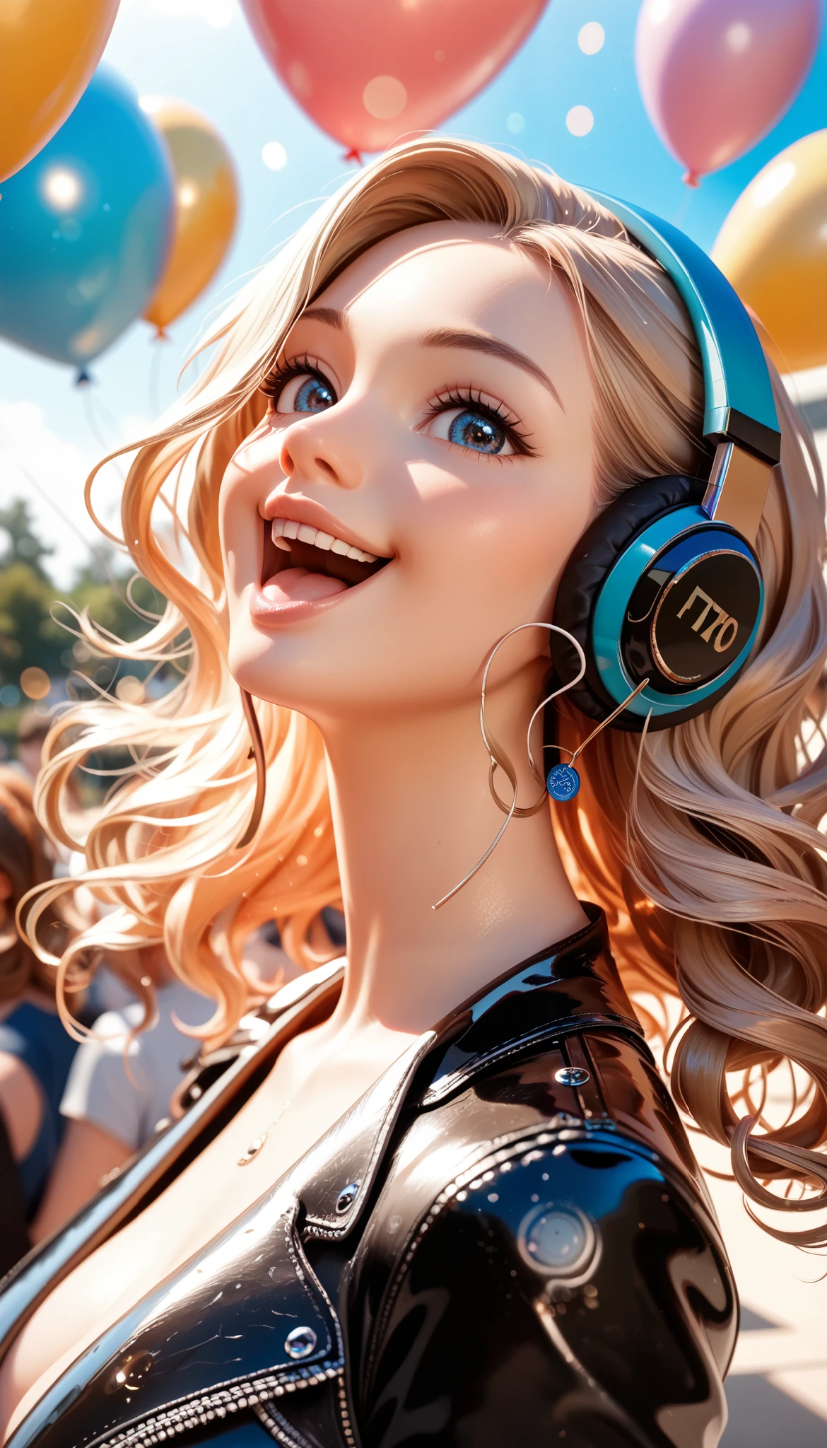 headphones:1.4, a , beautiful, many balloons, happy, happy, perfect quality, Clear focus ( clutter - home: 0.8), ( masterpiece: 1.2) (realistic: 1.2) (bokeh) ( envelopes) ( detailed leather: 1.3) ( intricate details ) (8K) ( detail eyes) ( sharp focus ), (happy)