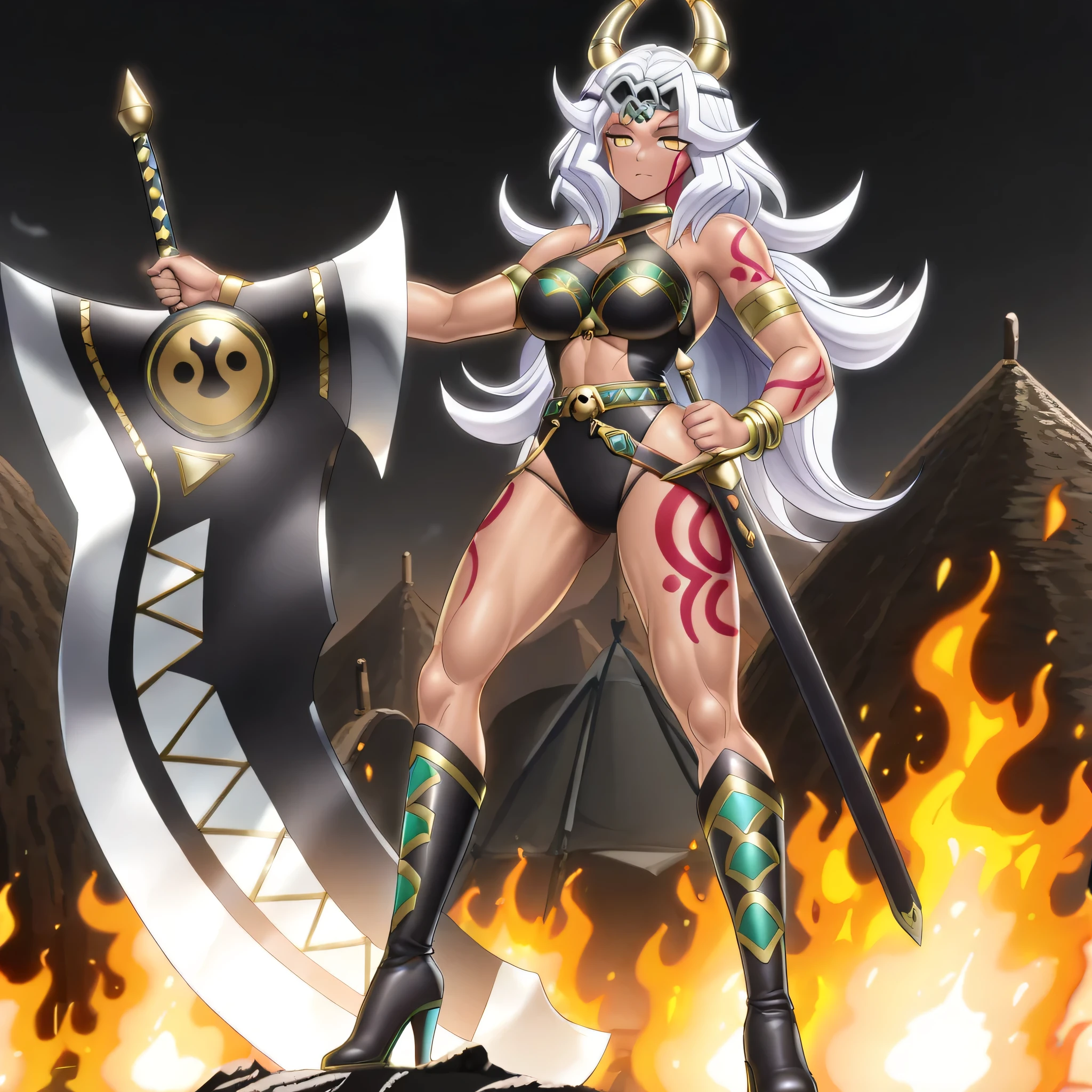 (((Masterpiece))), (((Best Quality))), ((Super Detail)), ultra-High resolution, score_9,score_8_up,score_7_up,score_6_up,score_5_up,score_4_up, BREAK, source_anime, anime screencap, uncensored, rating_explicit, Masterpiece, curvy, dark persona, empty eyes, expressionless, blank eyes, looking at viewer, full body, emotionless, Fighting Stance, (((shmnmzg3r, horizontal pupils, black leotard, clothing cutout, high heel boots, knee boots, circlet, armlet, bracelet, belt, halterneck))), (((solo, 1girl))), hair ornament, sword, sheath, sheathed, large breast, seductive pose, submissive pose, amazoness augusta, dark-skinned, animal skull ornament, facepaint, white hair, yellow eyes, long hair, red tattoo, fire, camp background, huge weapon, holding huge weapon, 